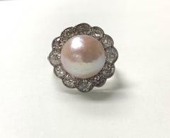 GIA Certified Art Deco Light Pinkish Brown Button Mabe Pearl and Diamond Ring