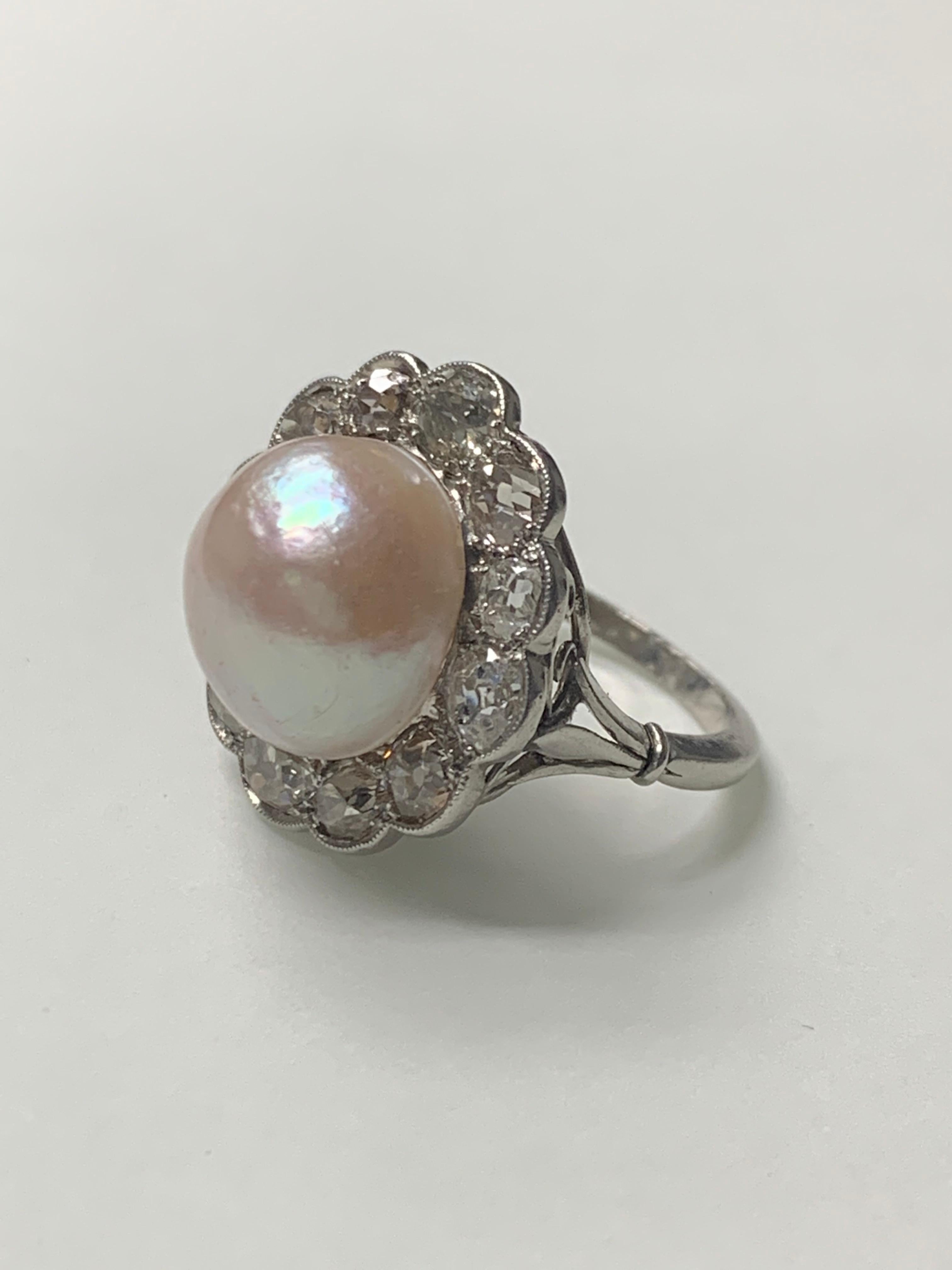Old European Cut GIA Certified Art Deco Light Pinkish Brown Button Mabe Pearl and Diamond Ring For Sale