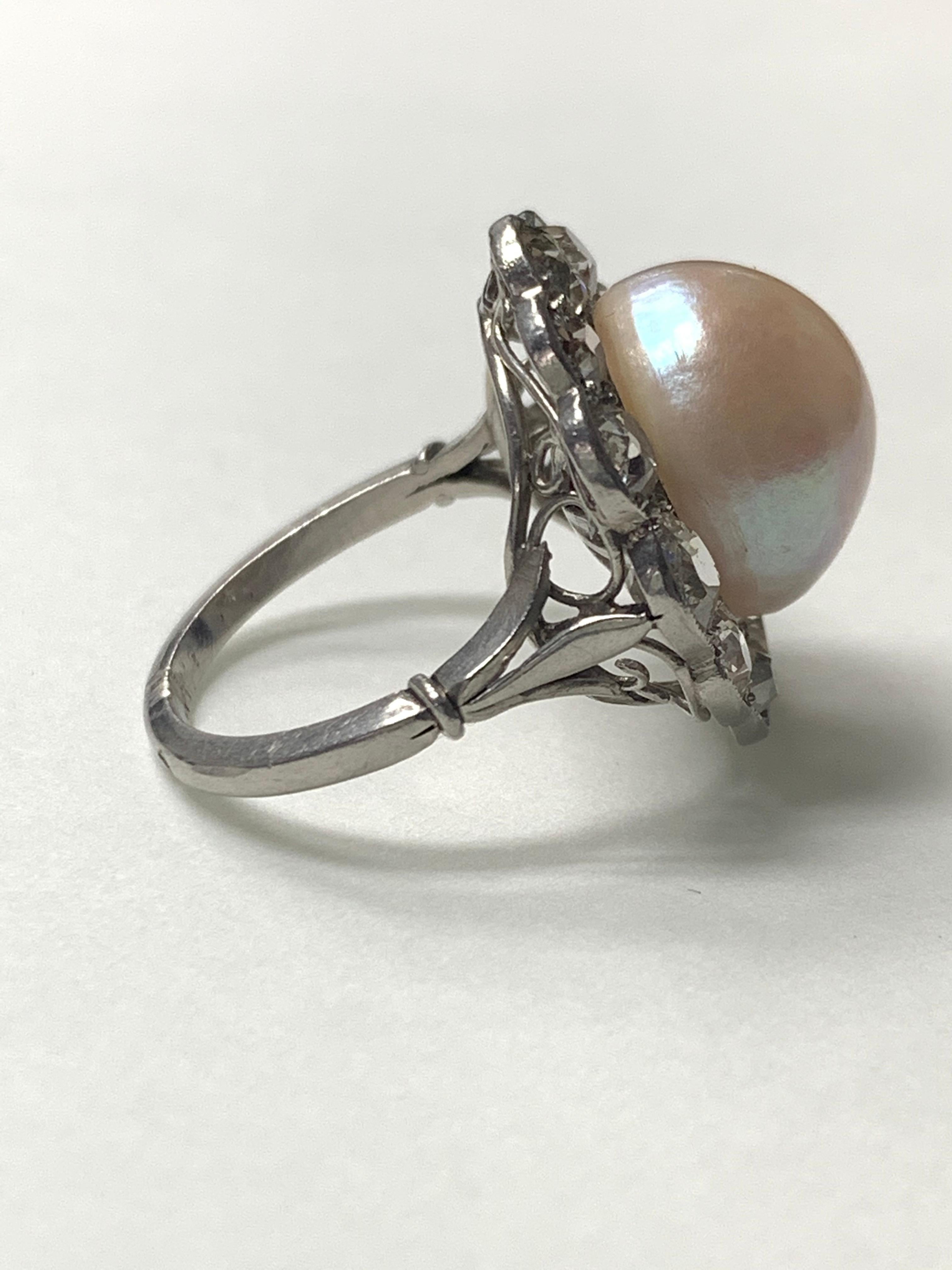 GIA Certified Art Deco Light Pinkish Brown Button Mabe Pearl and Diamond Ring For Sale 2