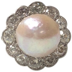 Antique GIA Certified Art Deco Light Pinkish Brown Button Mabe Pearl and Diamond Ring