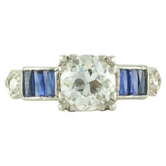 GIA Certified Art Deco Natural Blue Sapphire and Diamond Ring