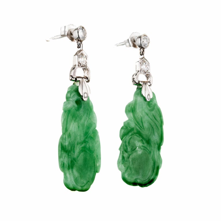 Cultured White Pearl & Green Jade Carved Dangle Stud Earrings - Yellow Gold Plated