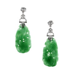 Antique GIA Certified Art Deco Natural Carved Jadeite Jade Diamond Dangle Earrings