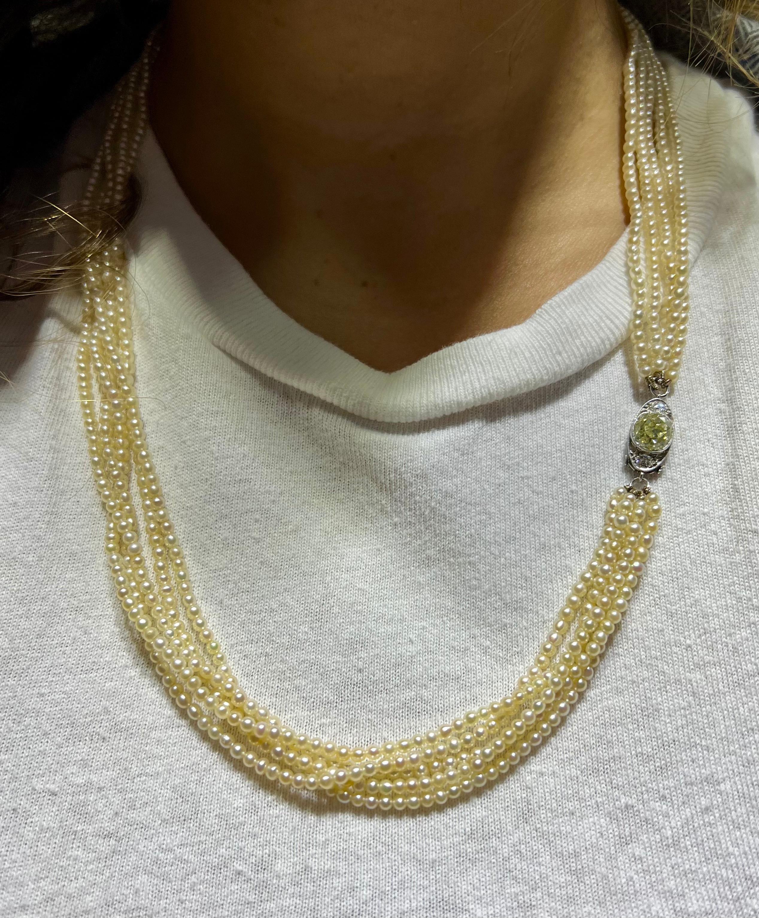 GIA Certified Art Deco Natural Salt Water Pearl & Diamond Multi Strand Necklace 1