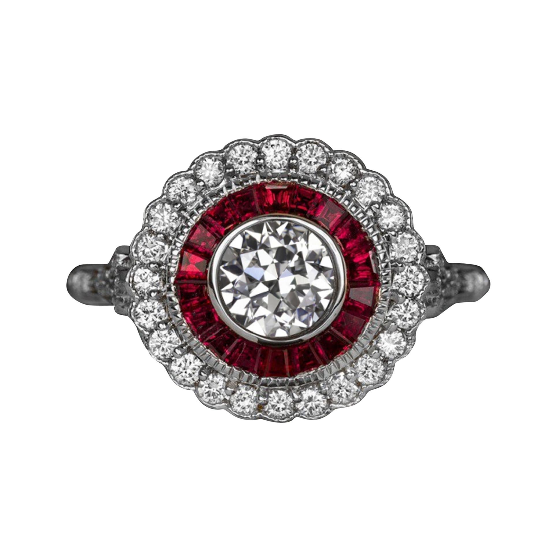 GIA Certified Art Deco Old European Rubies Diamond Double Prong Ring