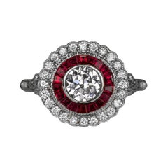 GIA Certified Art Deco Old European Rubies Diamond Double Prong Ring