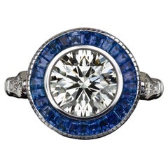 GIA Certified Art Deco Style 2.20 Carat Round Brilliant and Blue Sapphire Ring 