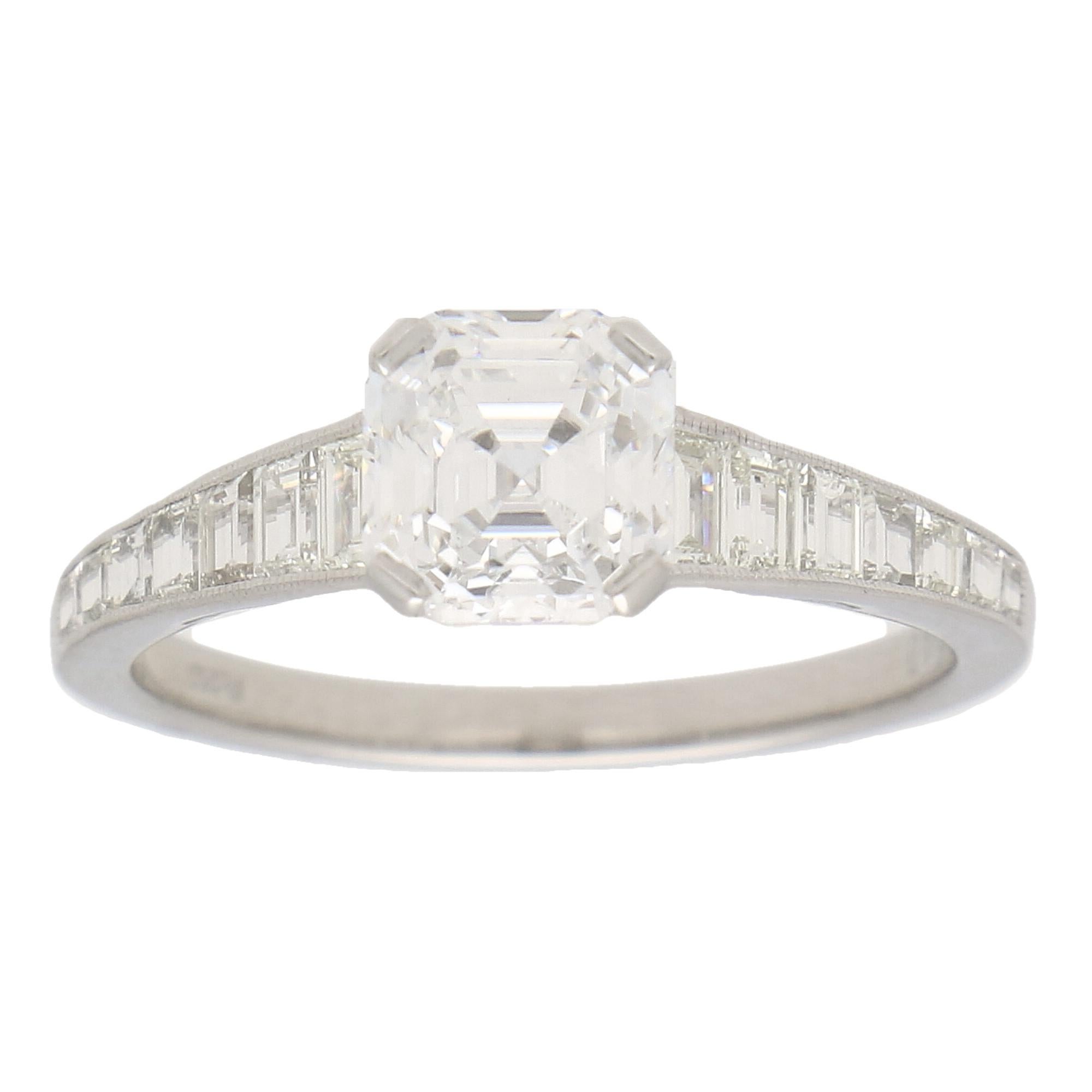 Women's or Men's GIA Certified Art Deco Style Asscher Cut Diamond Engagement Ring in Platinum