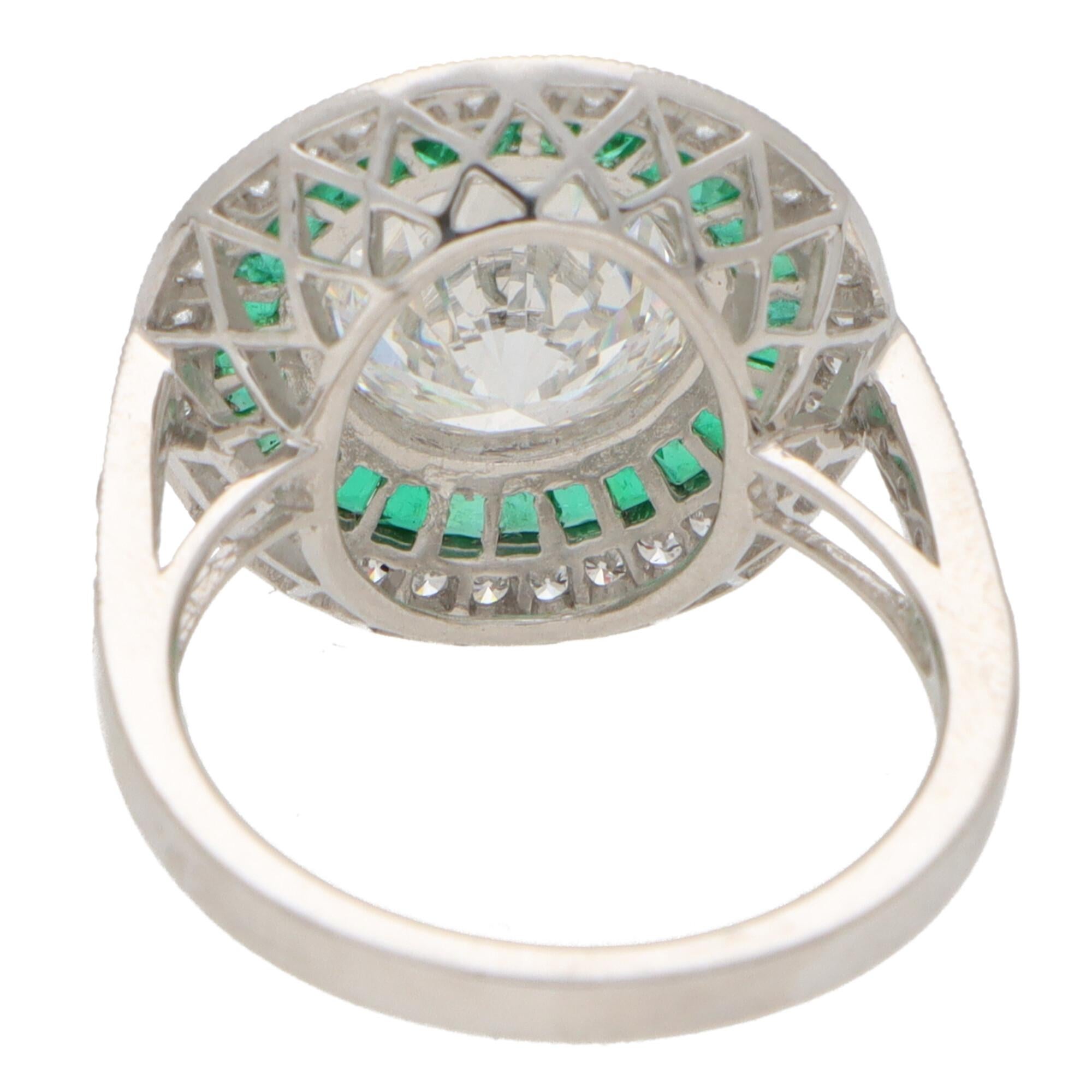 Round Cut GIA Certified Art Deco Style Diamond and Emerald Double Target Ring in Platinum For Sale
