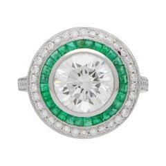 GIA Certified Art Deco Style Diamond and Emerald Double Target Ring in Platinum