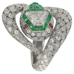 GIA Certified Art Deco Style Diamond & Emerald Snake Cocktail Ring