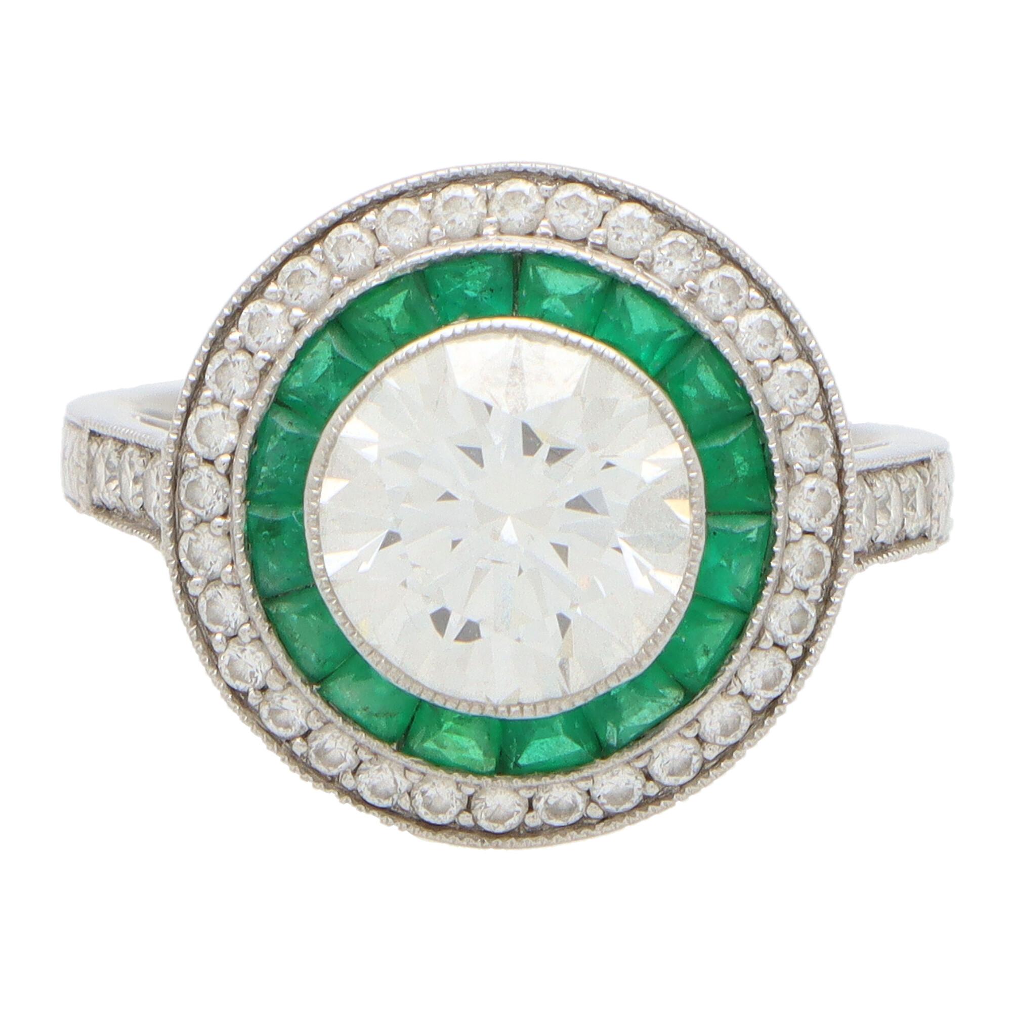 GIA Certified Art Deco Style Emerald and Diamond Double Target Ring in Platinum In Good Condition In London, GB
