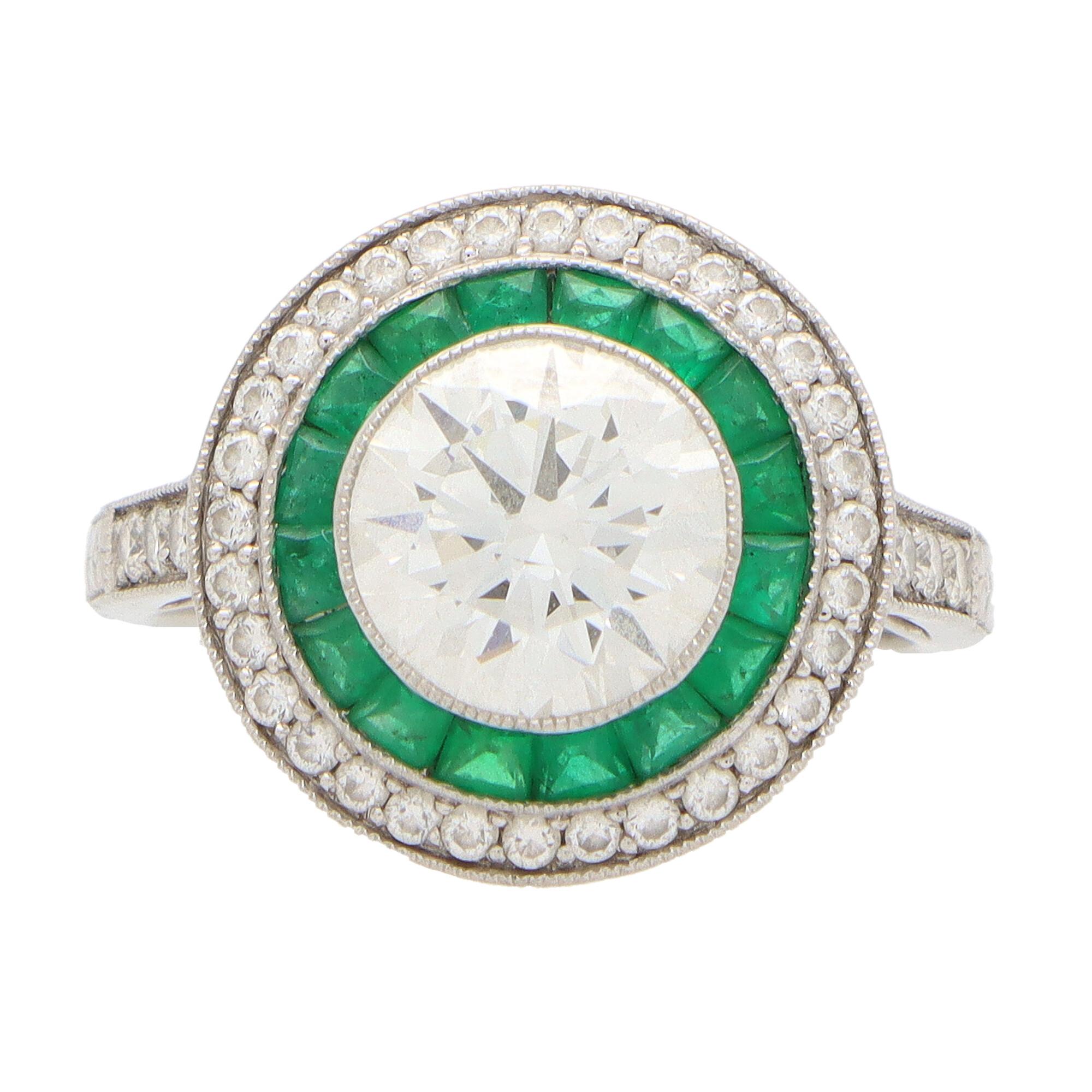 Women's or Men's GIA Certified Art Deco Style Emerald and Diamond Double Target Ring in Platinum