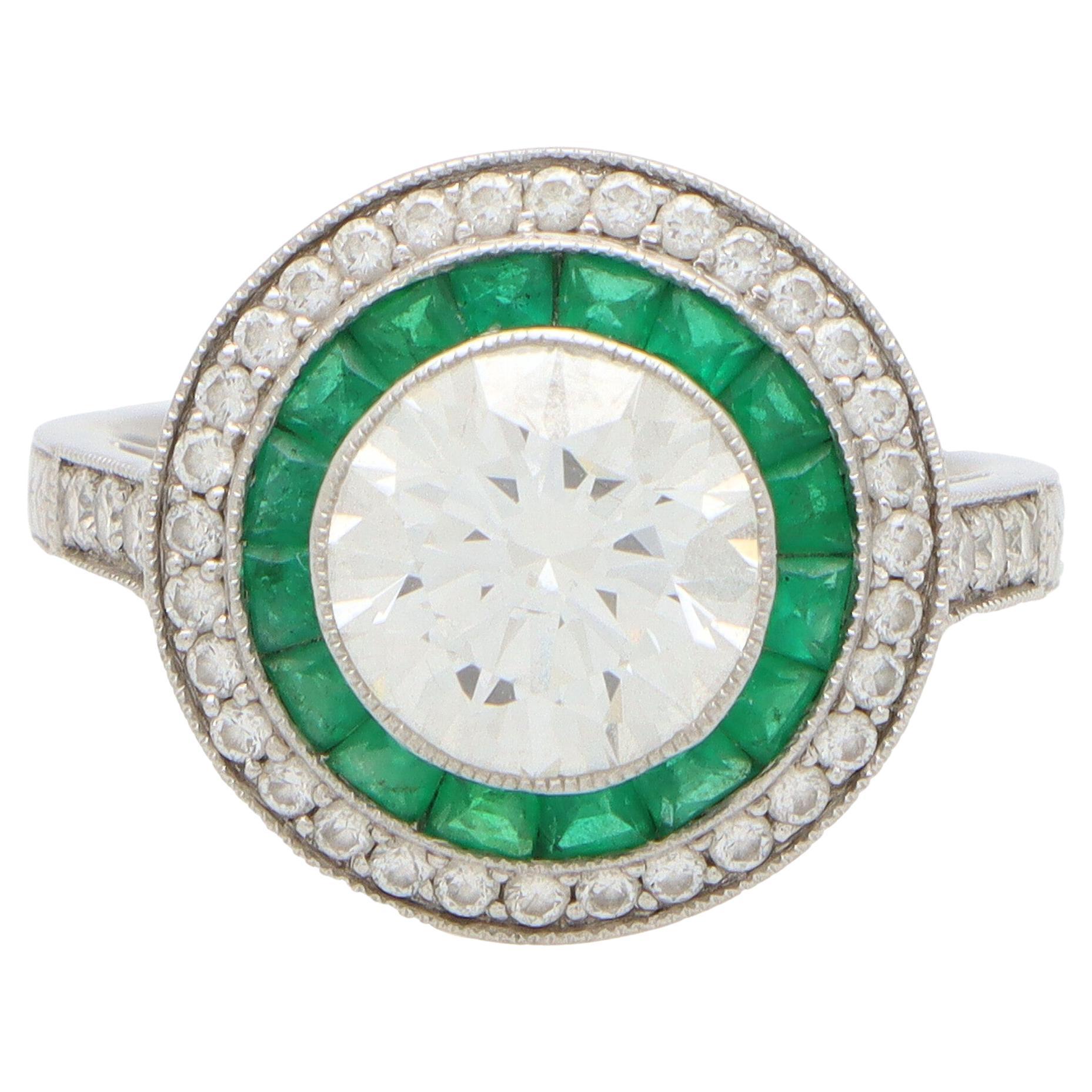 GIA Certified Art Deco Style Emerald and Diamond Double Target Ring in Platinum