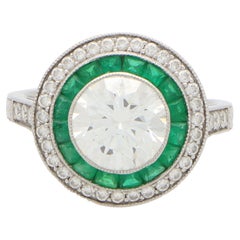 GIA Certified Art Deco Style Emerald and Diamond Double Target Ring in Platinum