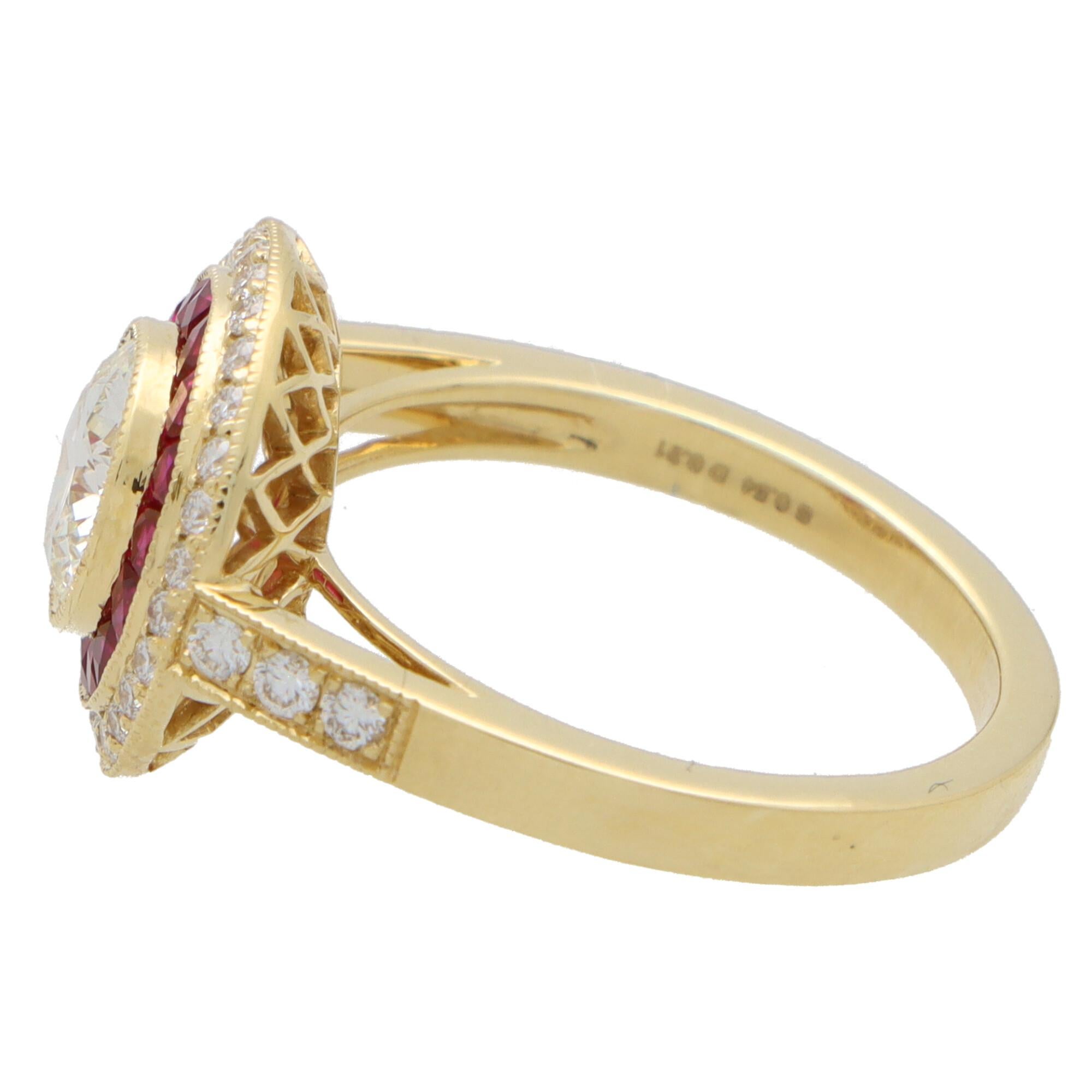 Round Cut GIA Certified Art Deco Style Ruby and Diamond Target Ring in 18k Yellow Gold