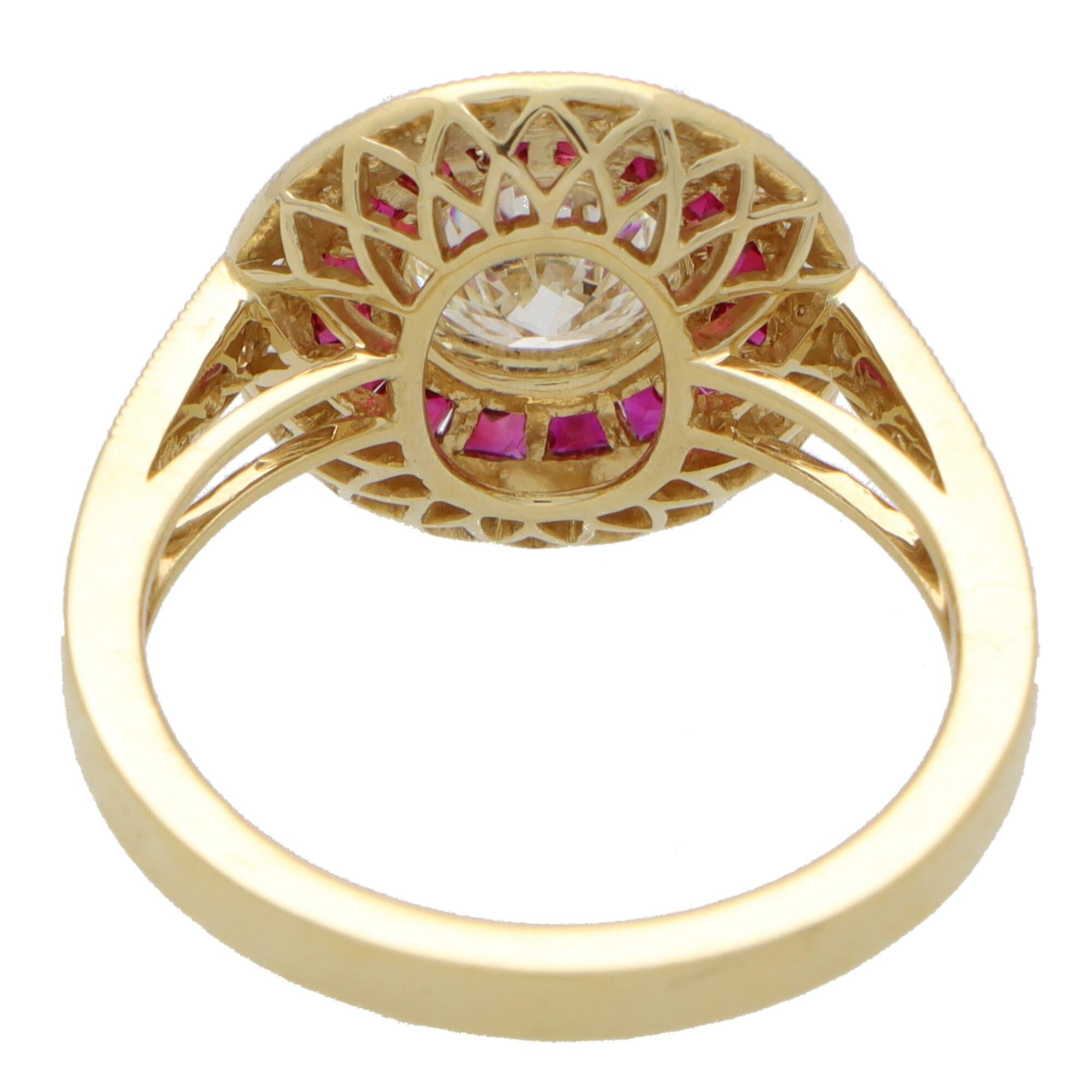GIA Certified Art Deco Style Ruby and Diamond Target Ring in 18k Yellow Gold In Excellent Condition In London, GB