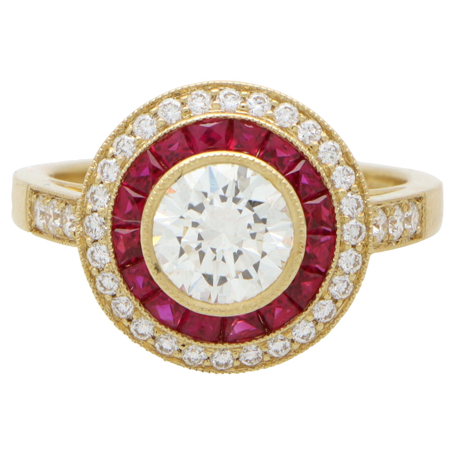 GIA Certified Art Deco Style Ruby and Diamond Target Ring in 18k Yellow Gold
