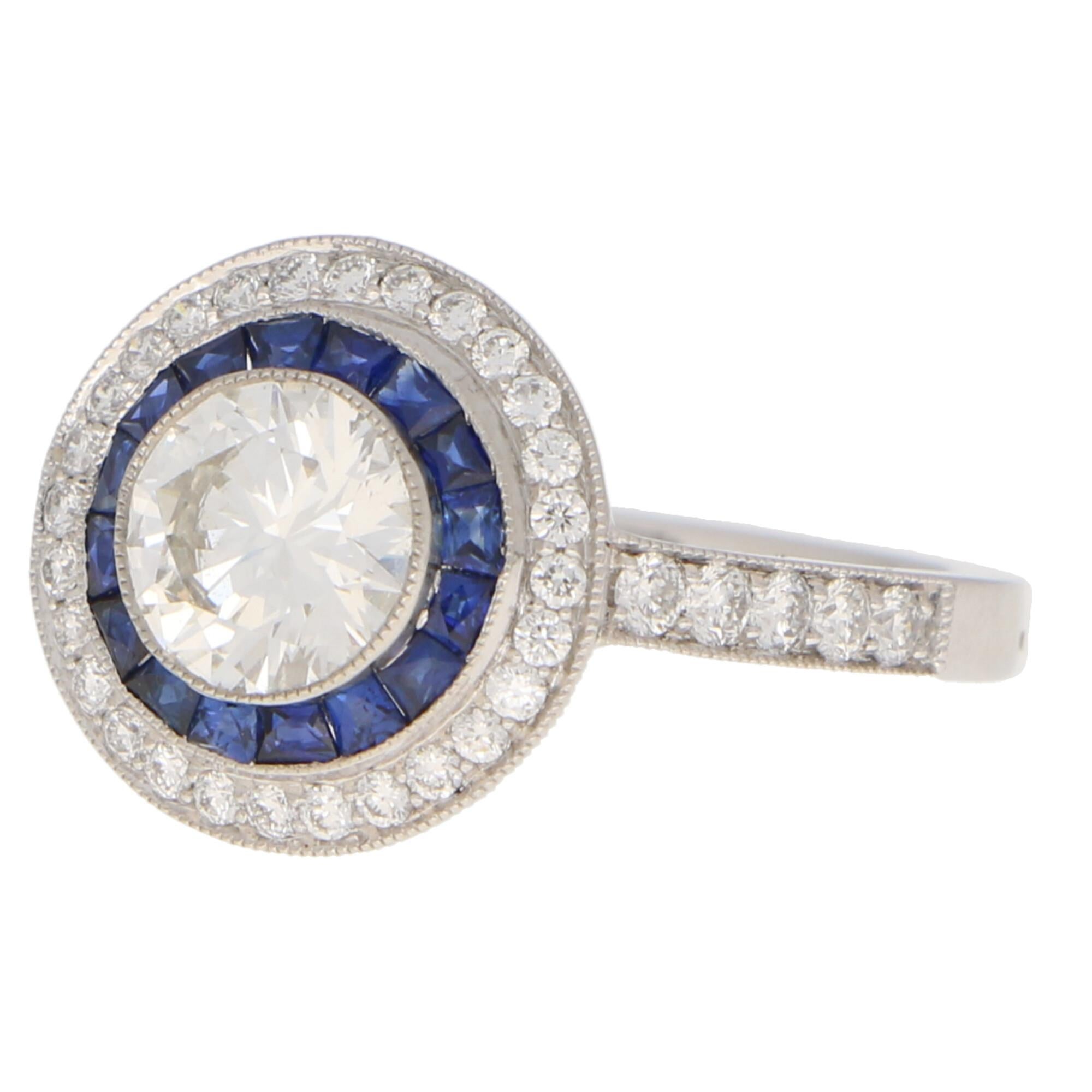 GIA Certified Art Deco Style Sapphire and Diamond Double Target Ring in Platinum In Excellent Condition In London, GB