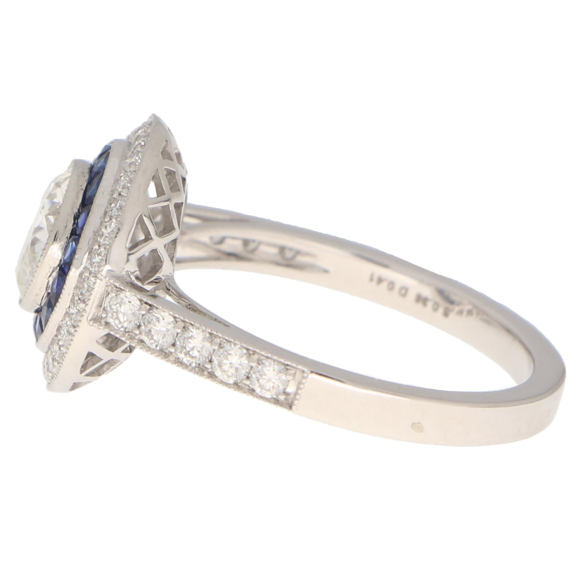 Women's or Men's GIA Certified Art Deco Style Sapphire and Diamond Double Target Ring in Platinum
