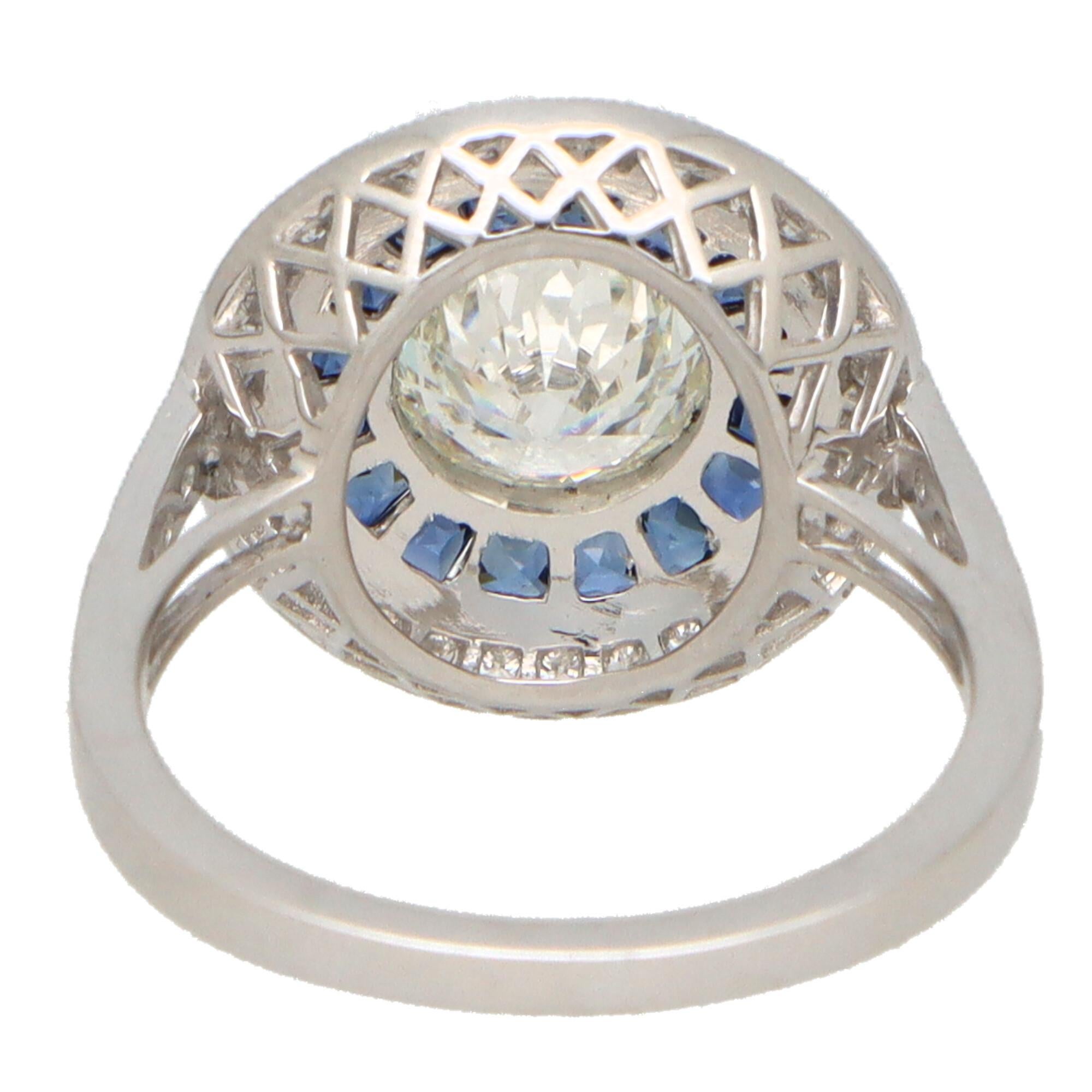 GIA Certified Art Deco Style Sapphire and Diamond Target Ring Set in Platinum In Good Condition In London, GB