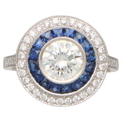 GIA Certified Art Deco Style Sapphire and Diamond Target Ring Set in Platinum