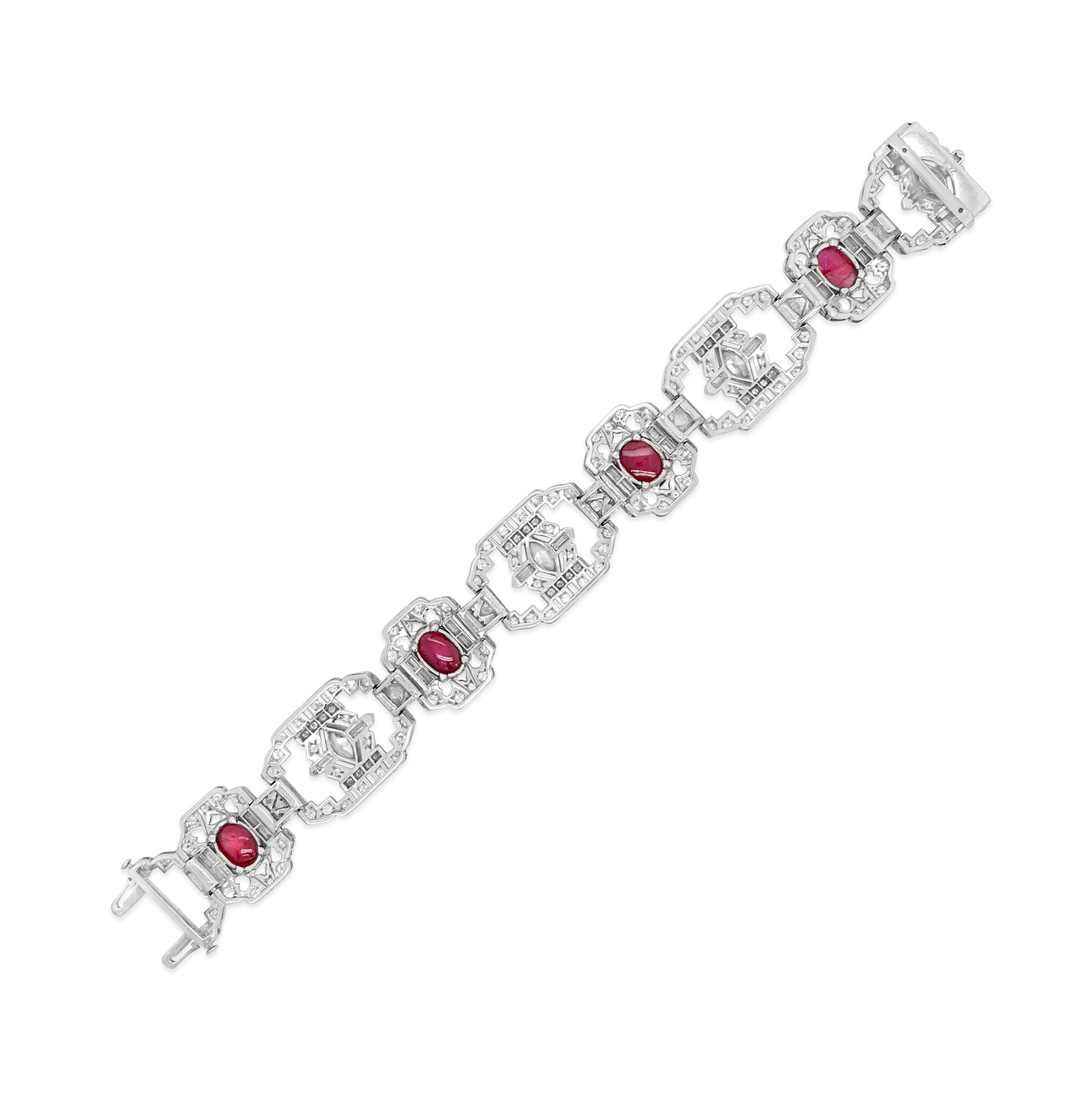GIA Certified Art Deco Unheated Burma Origin Ruby and Diamond Platinum Bracelet In Excellent Condition In New York, NY