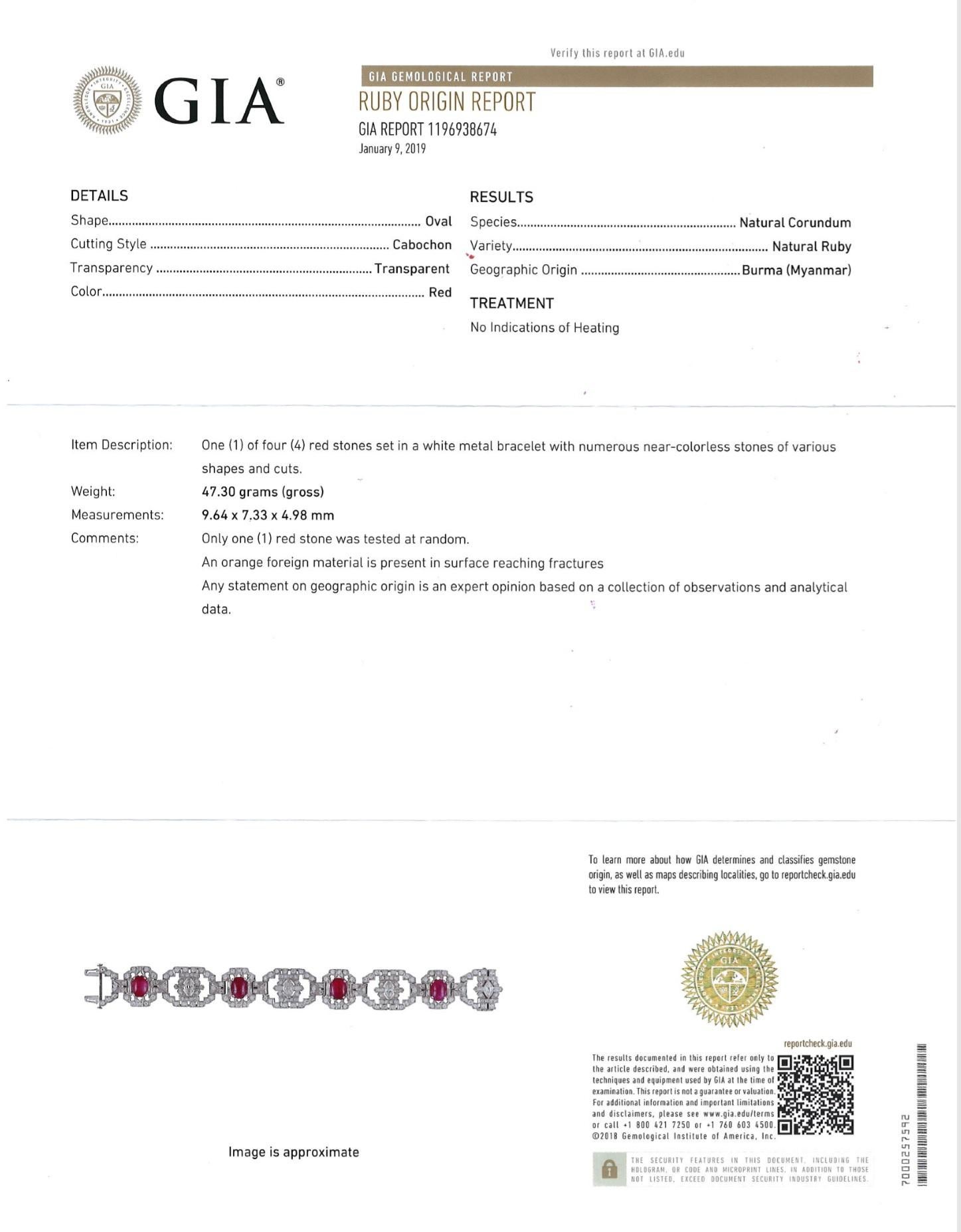 GIA Certified Art Deco Unheated Burma Origin Ruby and Diamond Platinum Bracelet 1
