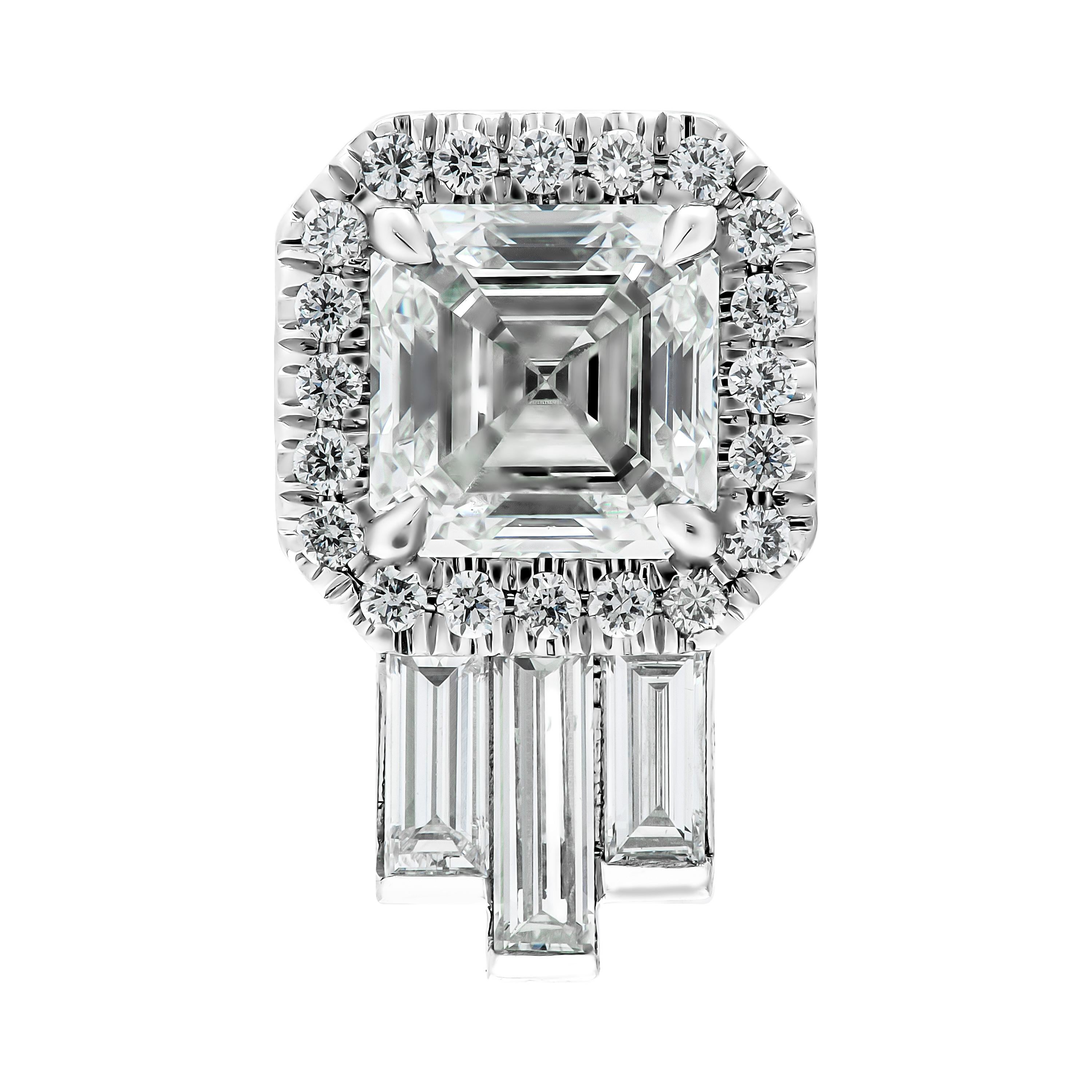 Diamantohrringe mit GIA-zertifizierten Diamanten im Asscher-Schliff mit einem Gewicht von 0,90 ct pro Stein: 
                              I VVS1 GIA#5201829685;
                             H VVS2 GIA#5201852390 
Montiert in Platin 950, mit Halo