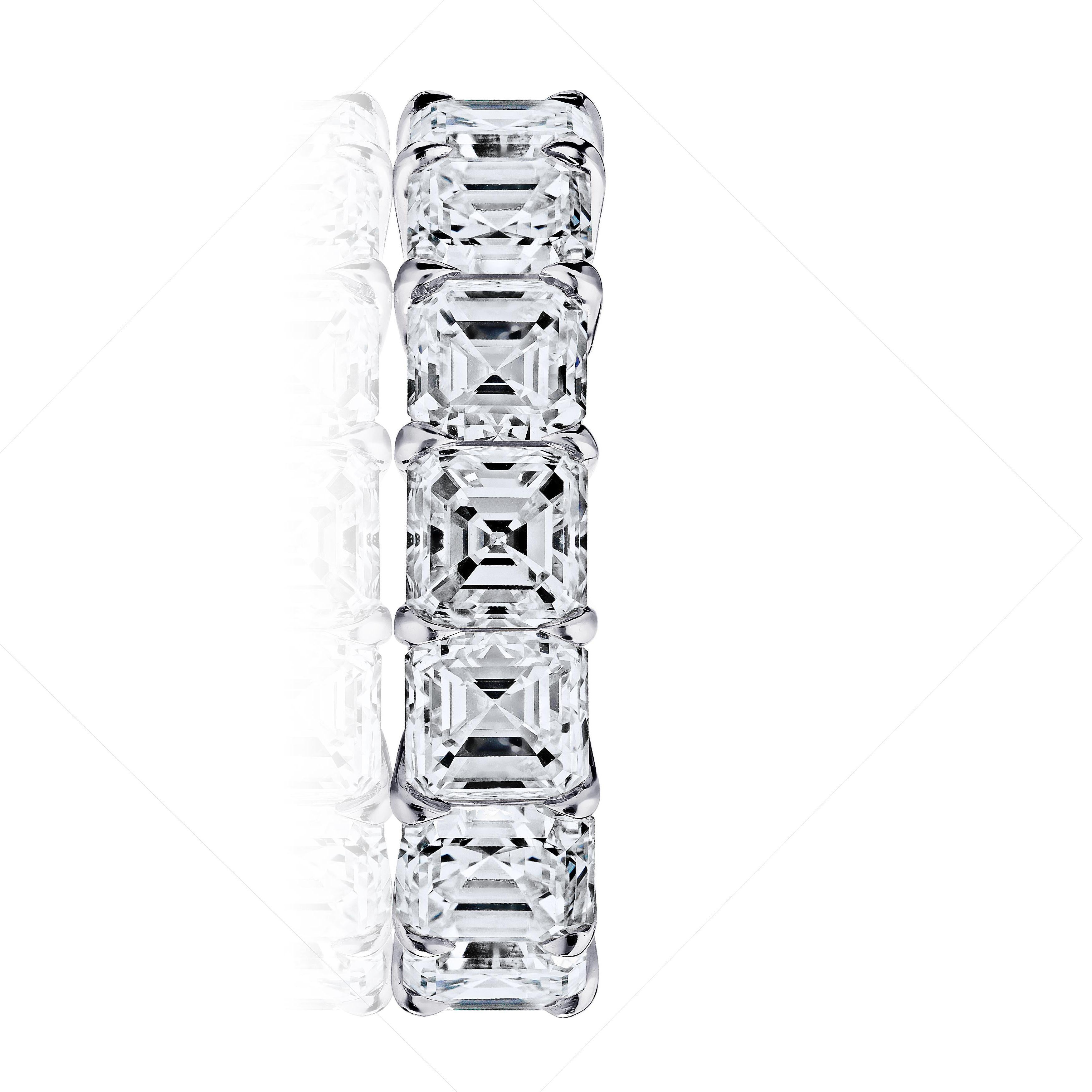 Asher Cut diamond ring platinum eternity band shared prong style with a gallery.
16 perfectly matched diamonds weighing a minimum of 8.00 cts. Finger size 7.
G.I.A certificates for each diamond . Ranging from D-F in color . VVS1-VS2 in clarity .
Lab