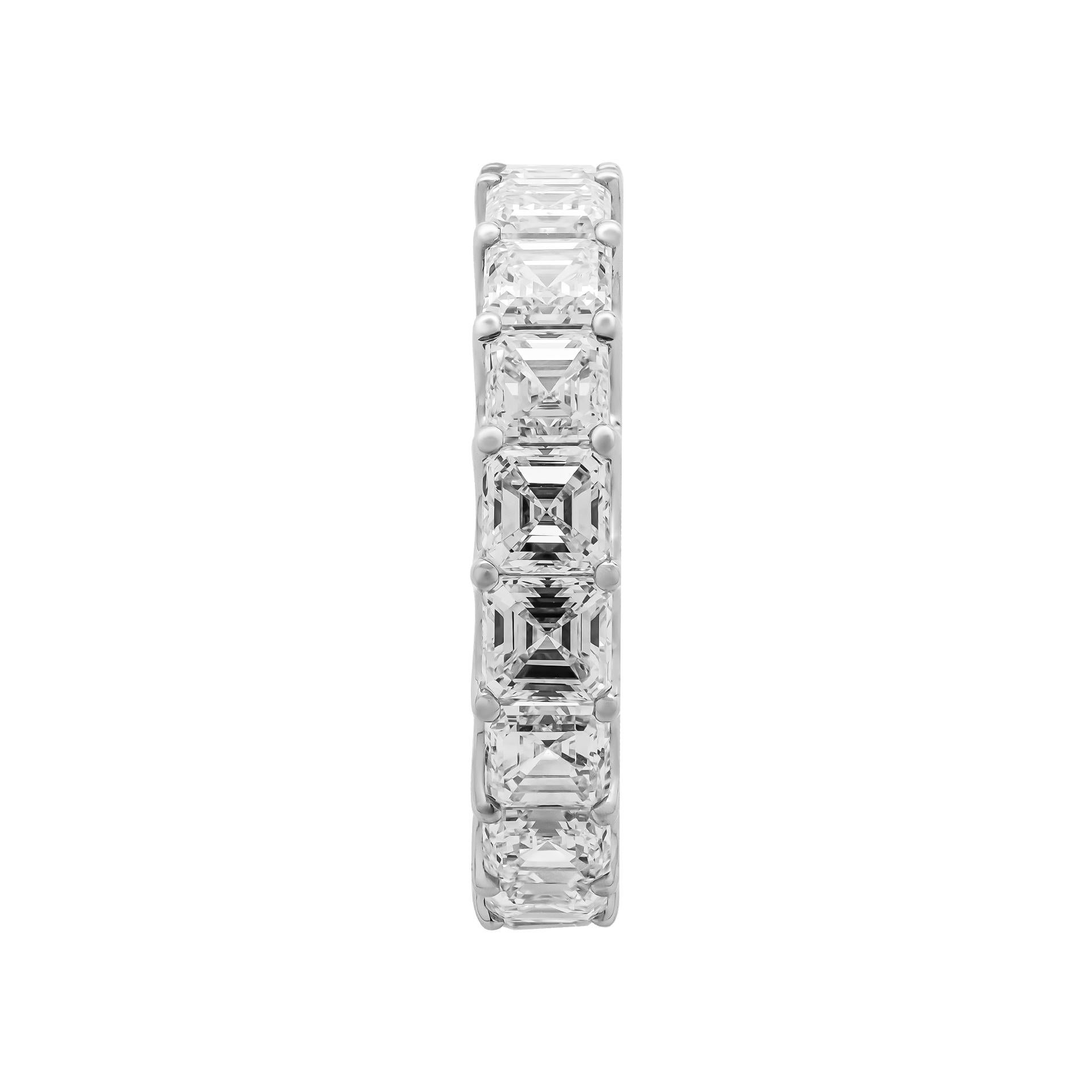 GIA Certified Anniversary eternity band with Square Emerald (Asscher) Diamonds set in Platinum 950; Size: 5 ¾ 
18stones 0.30ct each
Total Carat Weight: 5.48ct
All stones GIA Certified:
0.30ct F VVS1 GIA#2404957078 
0.30ct F VVS2 GIA#2407259526