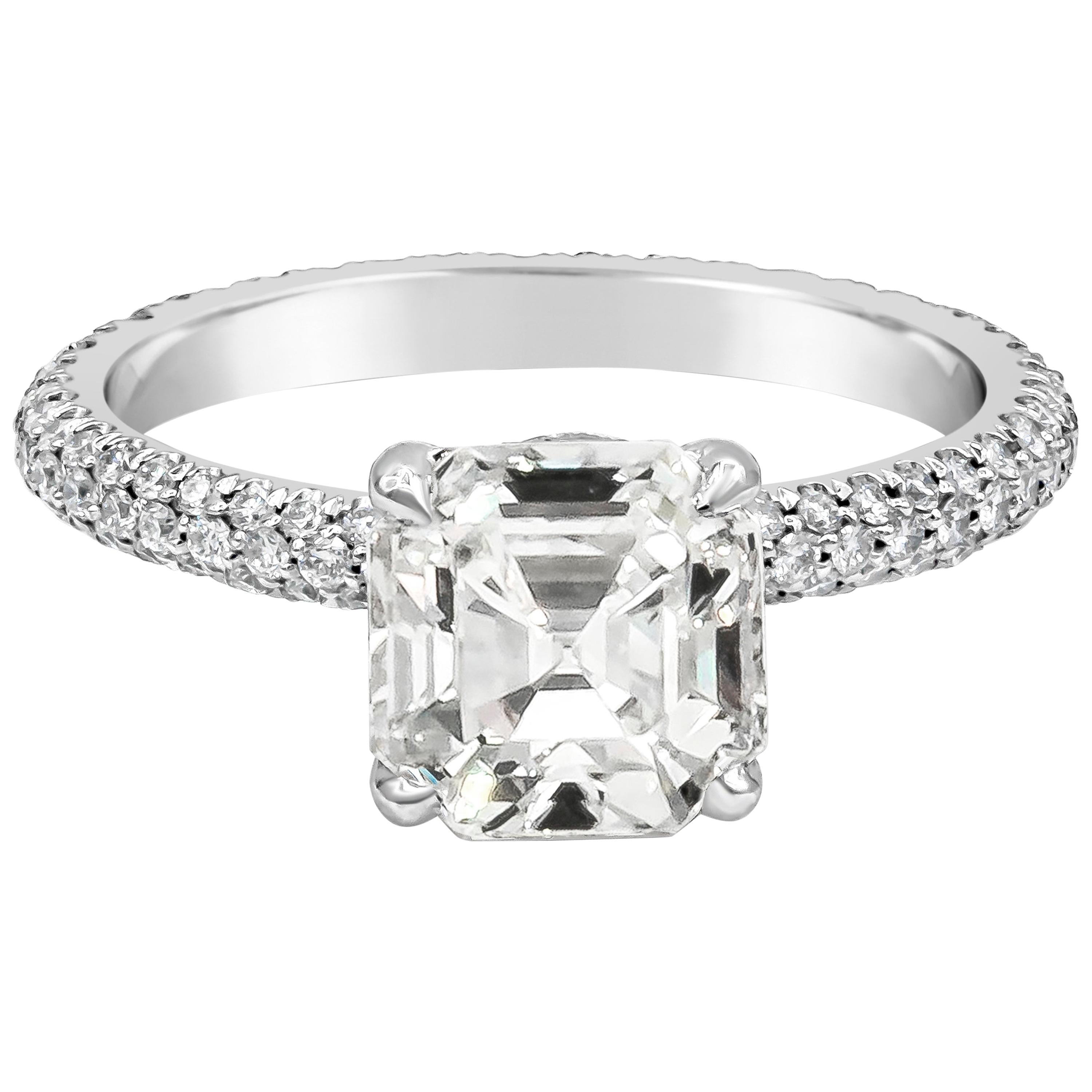 A classic engagement ring featuring a GIA Certified 2.50 carat asscher cut diamond, J Color and VS2 in Clarity. Accented with pave-set round diamonds weighing 0.62 carats total. Made with Platinum, Size 6.25 US

Style available in different price
