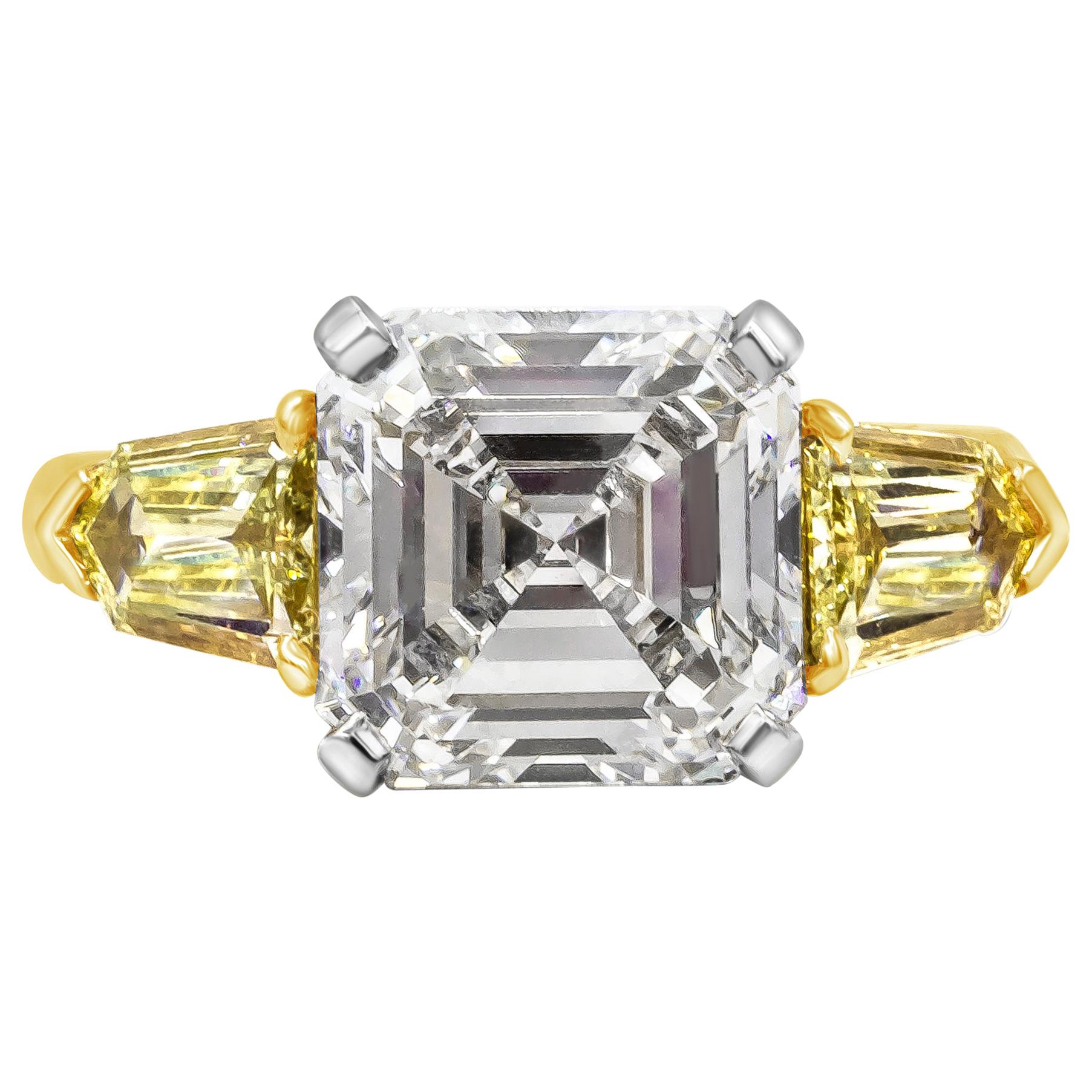 GIA Certified 5.05 Carats Asscher Cut Diamond Three-Stone Engagement Ring For Sale