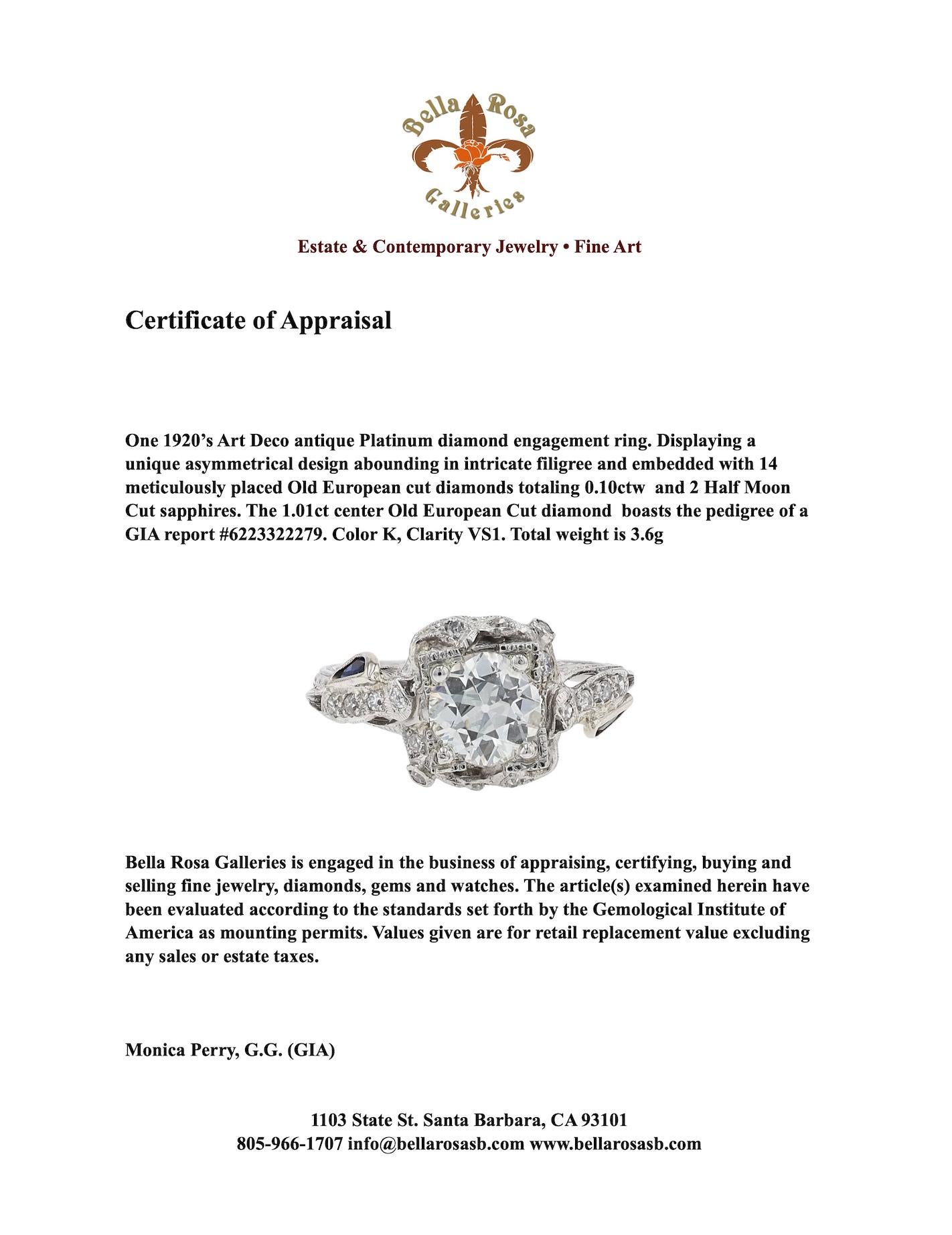 GIA Certified Asymmetrical Art Deco Antique Diamond Engagement Ring For Sale 2