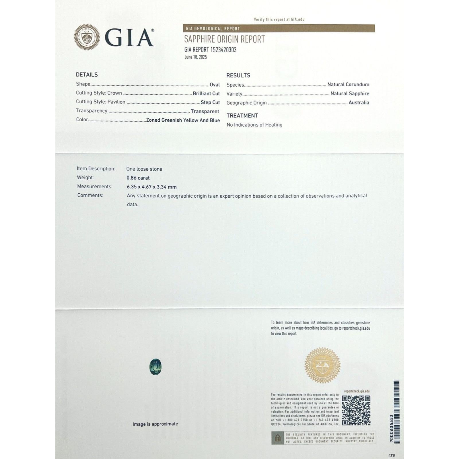 Zafiro tricolor australiano certificado GIA 0,86 ct talla oval sin tratar 6,3x4,6 mm Corte oval en venta