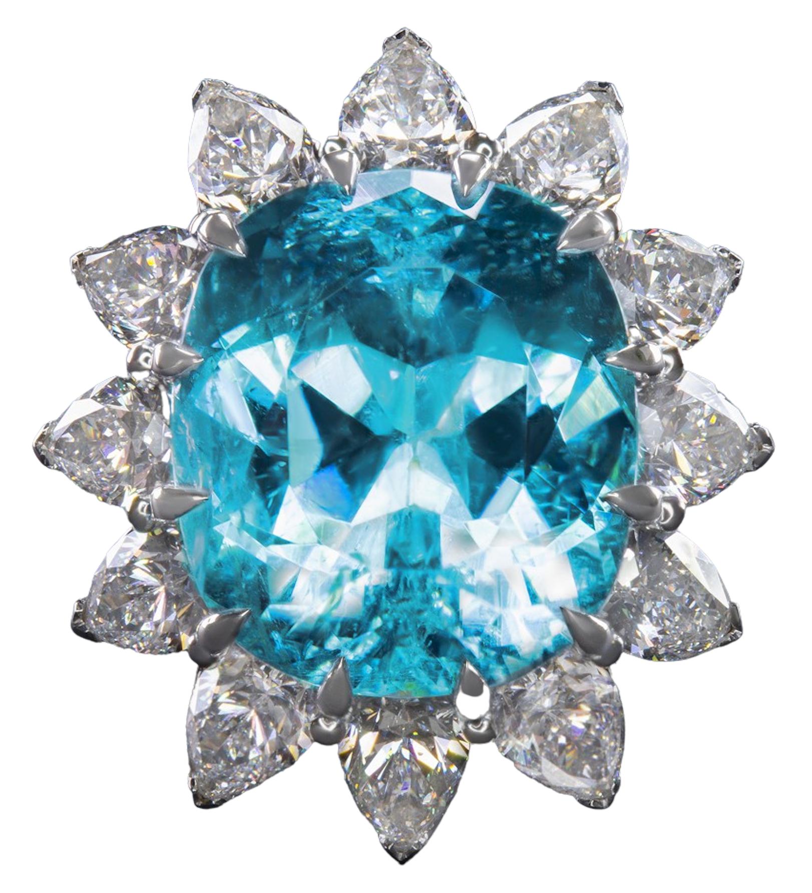 Pear Cut GIA Certified Authentic Paraiba Tourmaline Cushion Cut Diamond Ring