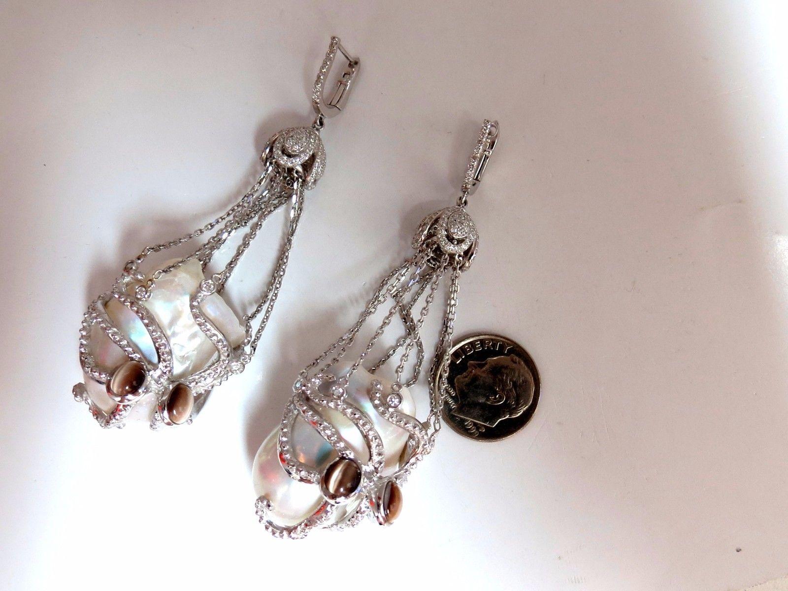 Women's or Men's GIA Certified Baroque Pearls Catseye Ocotopus Diamond Dangle Earrings For Sale