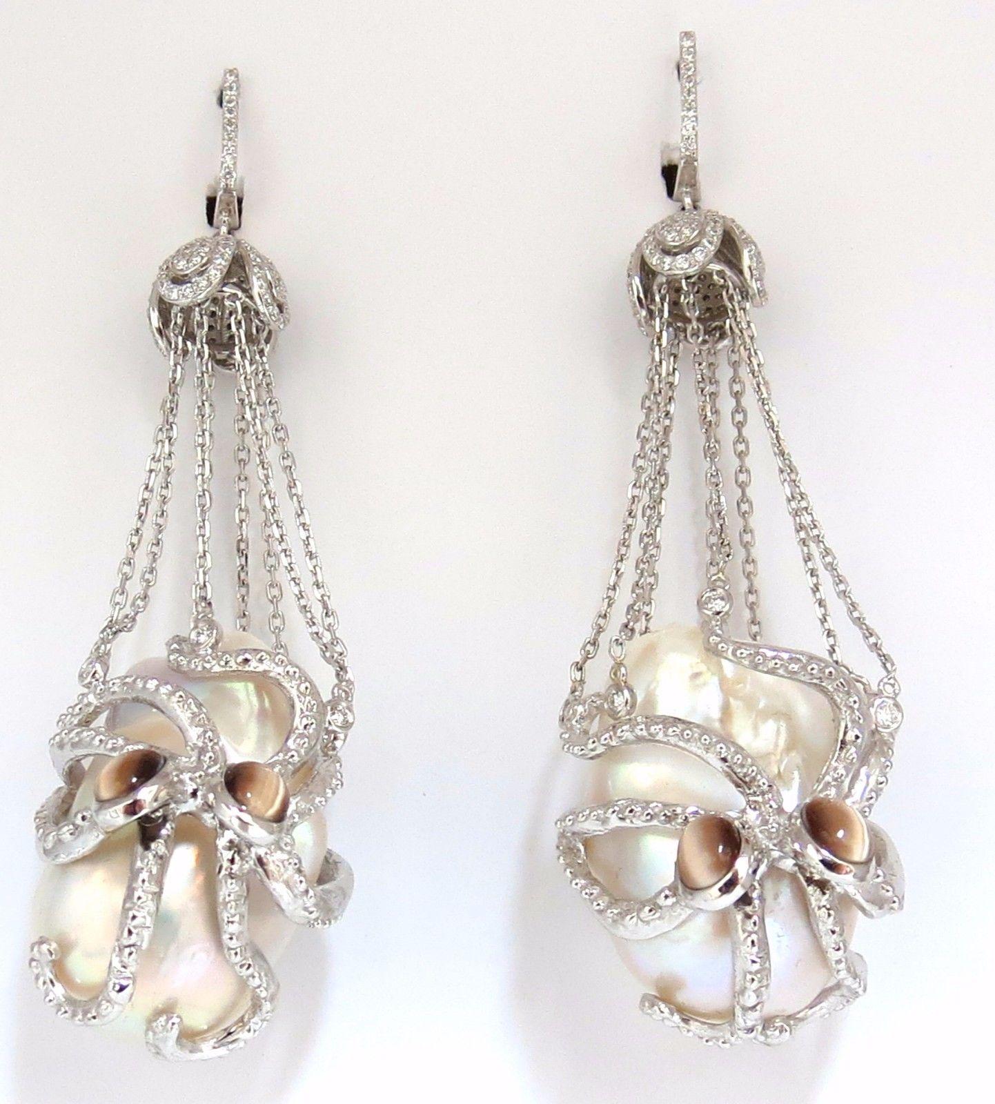 GIA Certified Baroque Pearls Catseye Ocotopus Diamond Dangle Earrings For Sale 2