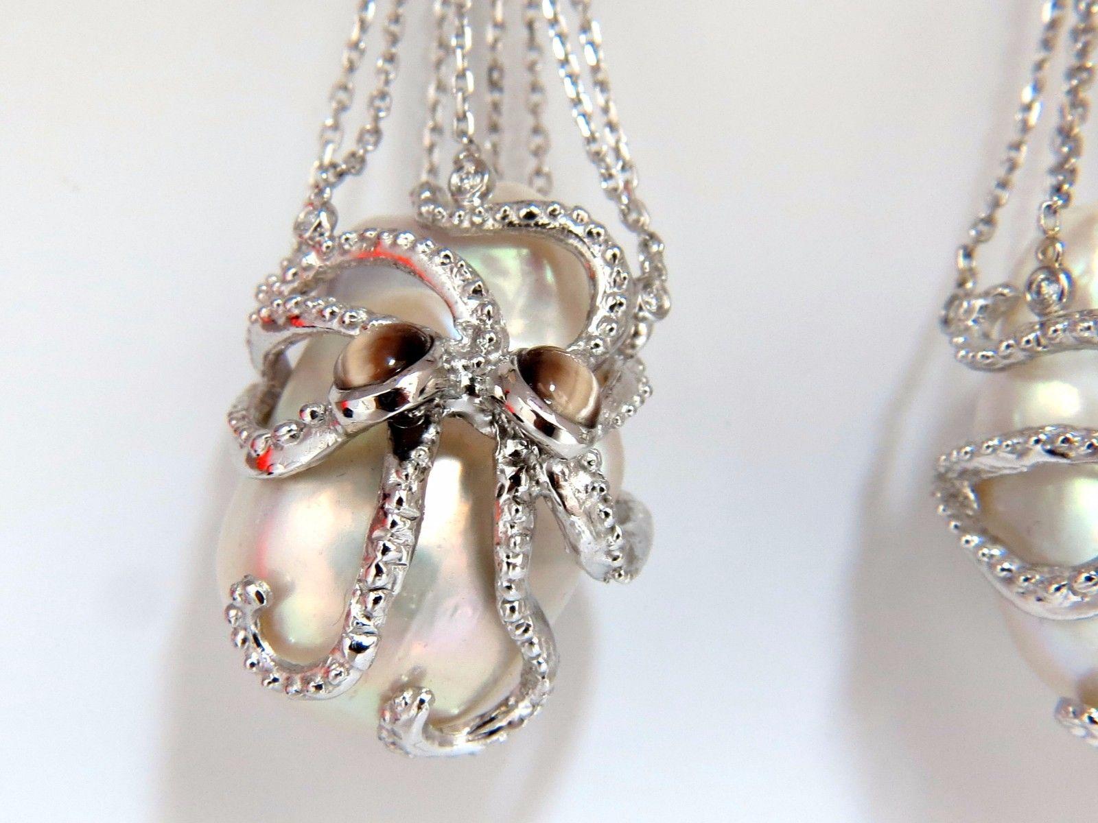 GIA Certified Baroque Pearls Catseye Ocotopus Diamond Dangle Earrings For Sale 3