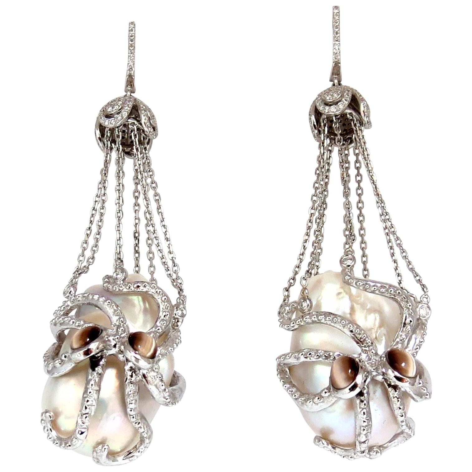 GIA Certified Baroque Pearls Catseye Ocotopus Diamond Dangle Earrings For Sale