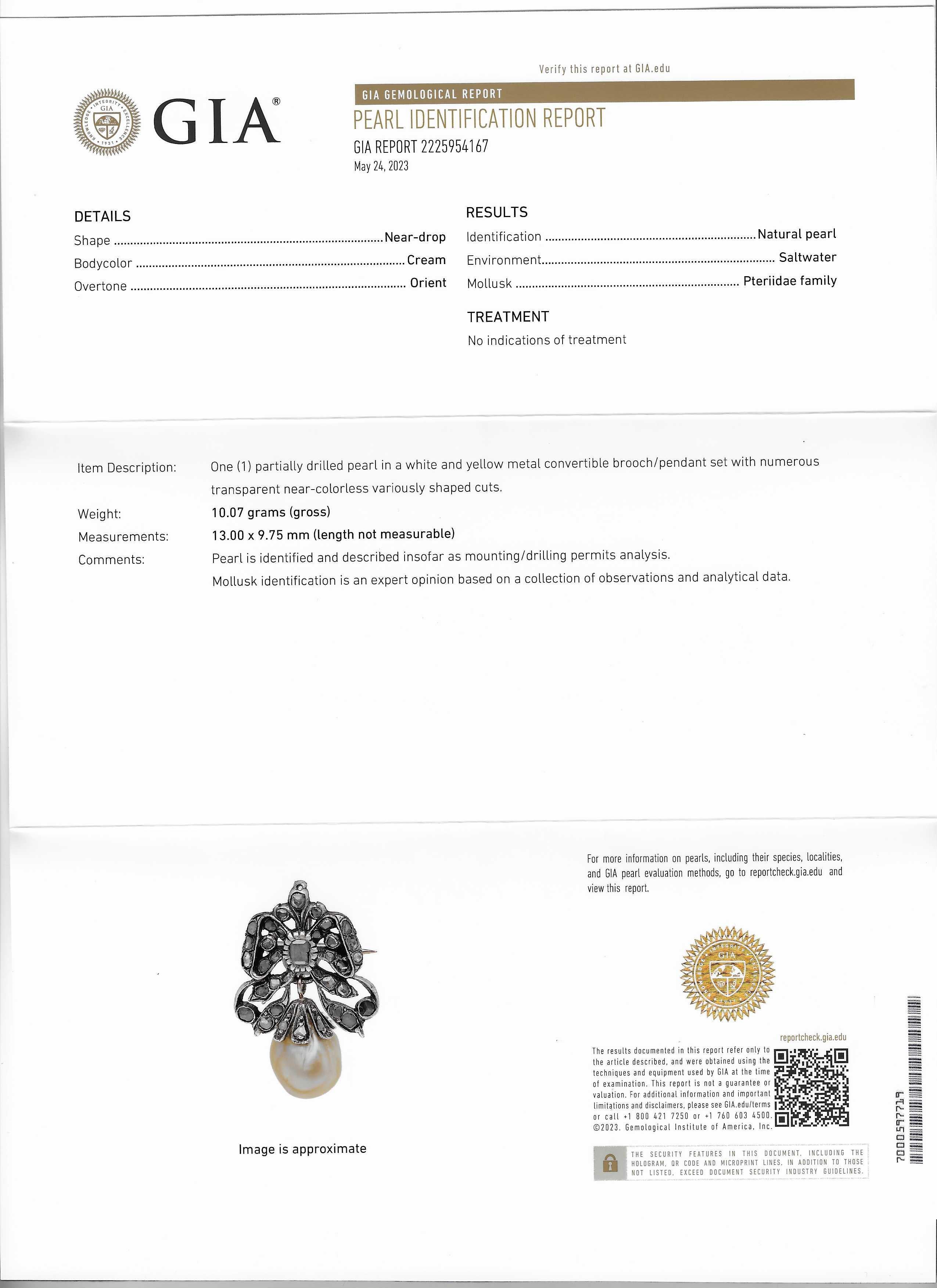 Rose Cut GIA Certified Basra Natural Saltwater Pearl & Diamond Pendant/Brooch For Sale