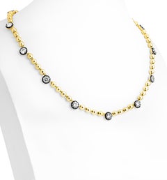 GIA Certified Beaded Necklace in 18K Yellow and White Gold with Round Diamonds