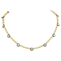 GIA Certified Beaded Necklace in 18K Yellow and White Gold with Round Diamonds
