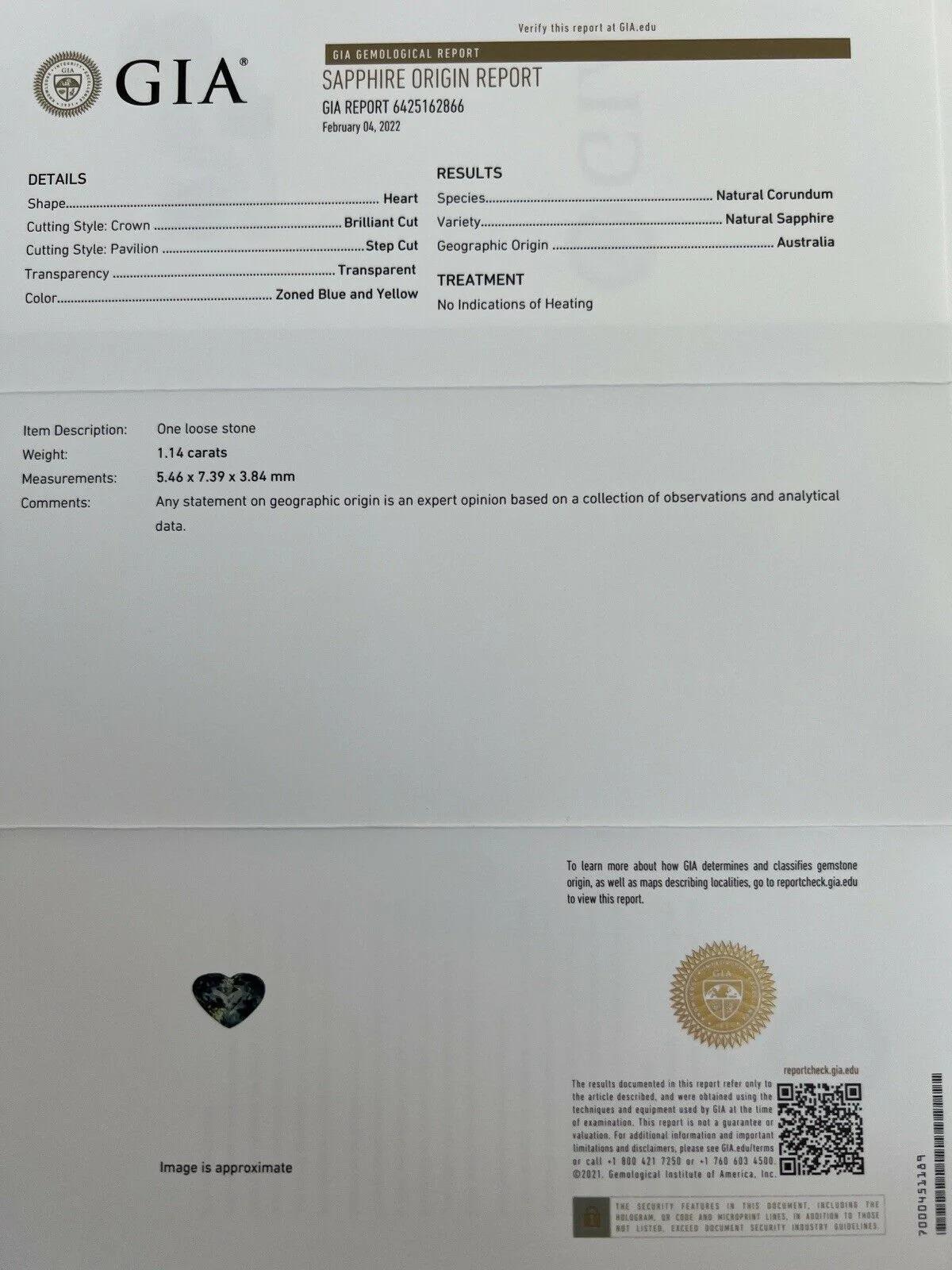 GIA-zertifizierter zweifarbiger australischer Saphir 1,14 Karat Gelb-Blau-Herzschliff ohne Hitze im Angebot 3