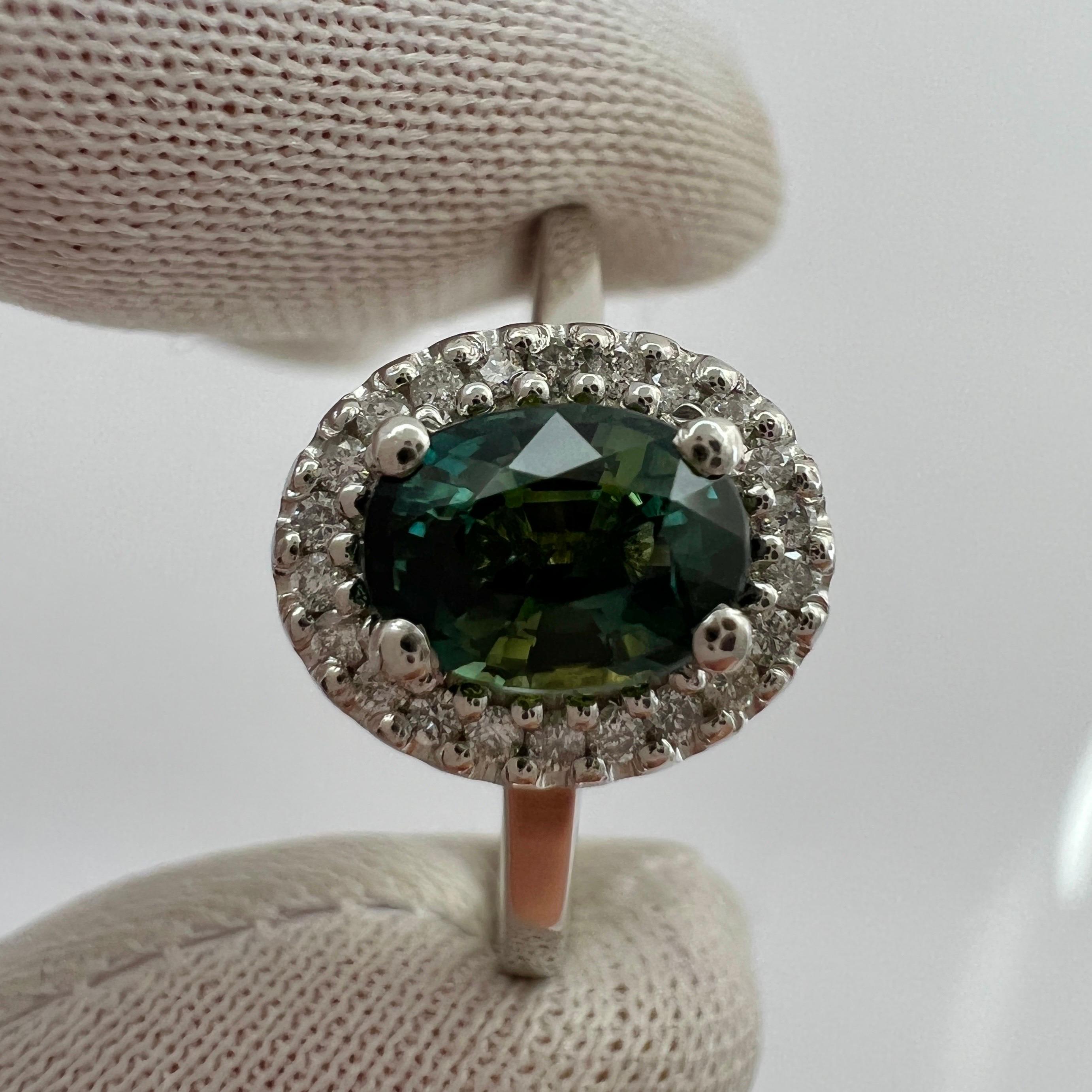 GIA Certified Bi Colour No Heat Green Blue Sapphire & Diamond Platinum Halo Ring For Sale 7