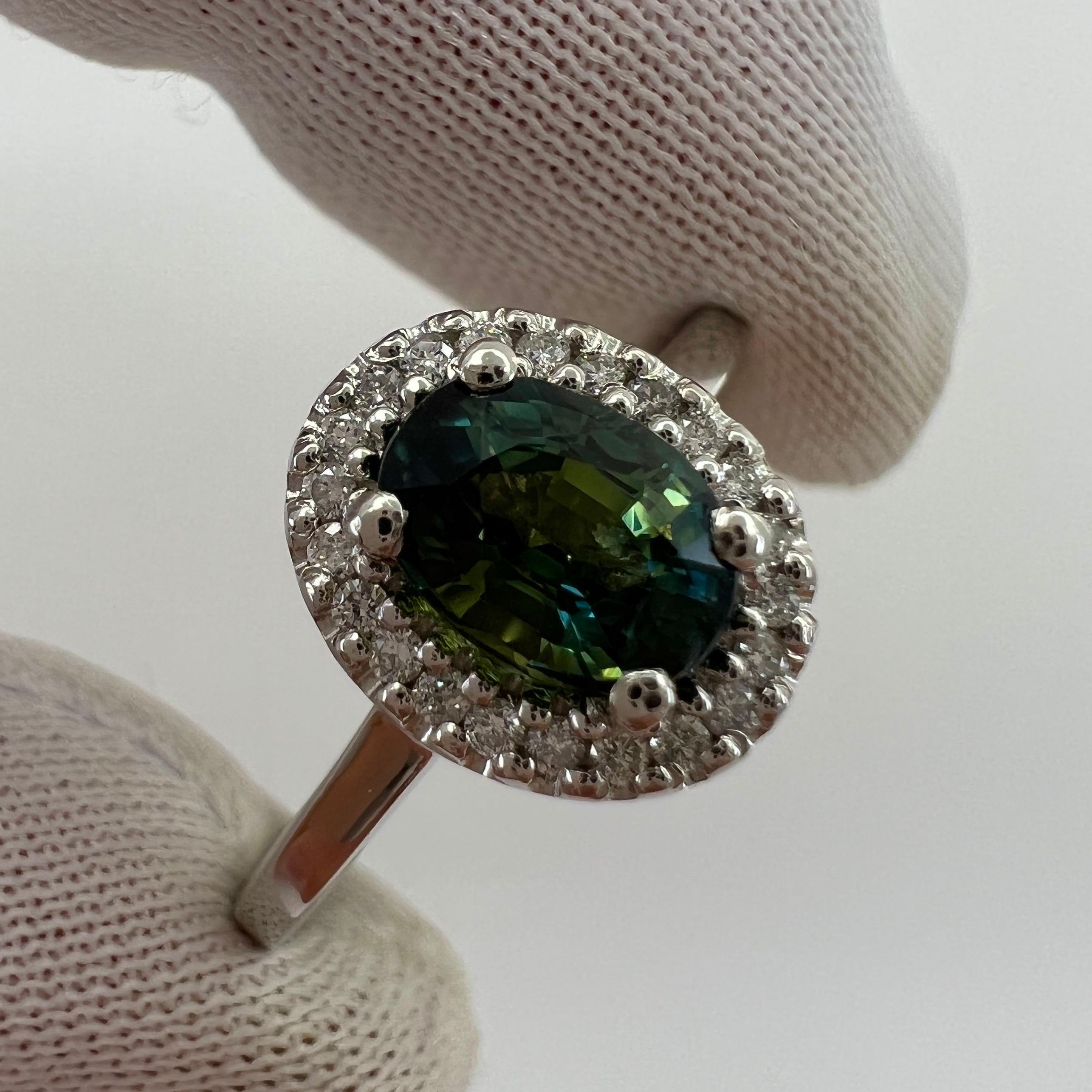 GIA Certified Bi Colour No Heat Green Blue Sapphire & Diamond Platinum Halo Ring For Sale 8