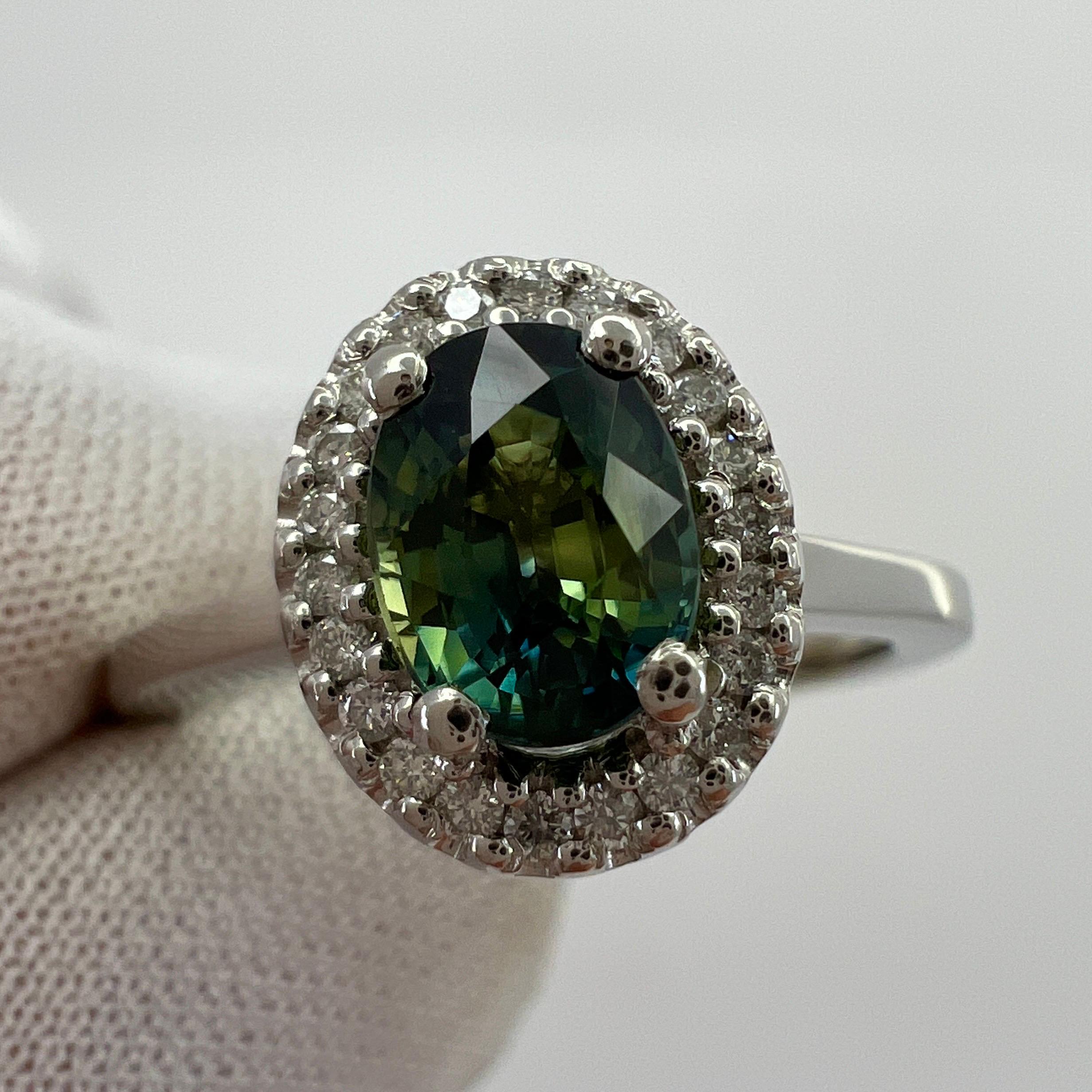 Women's or Men's GIA Certified Bi Colour No Heat Green Blue Sapphire & Diamond Platinum Halo Ring For Sale