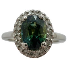 Bague halo en platine certifiée GIA, sans chaleur, saphir bleu vert et diamant
