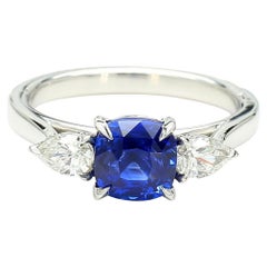 GIA Certified Blue Cushion Sapphire and White Diamond 2.38 Carat TW Plat Ring