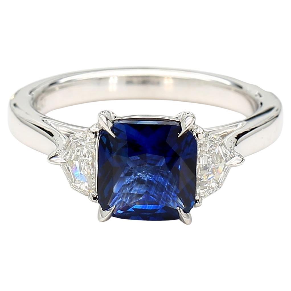 GIA Certified Blue Cushion Sapphire and White Diamond 2.47 Carat TW Plat Ring